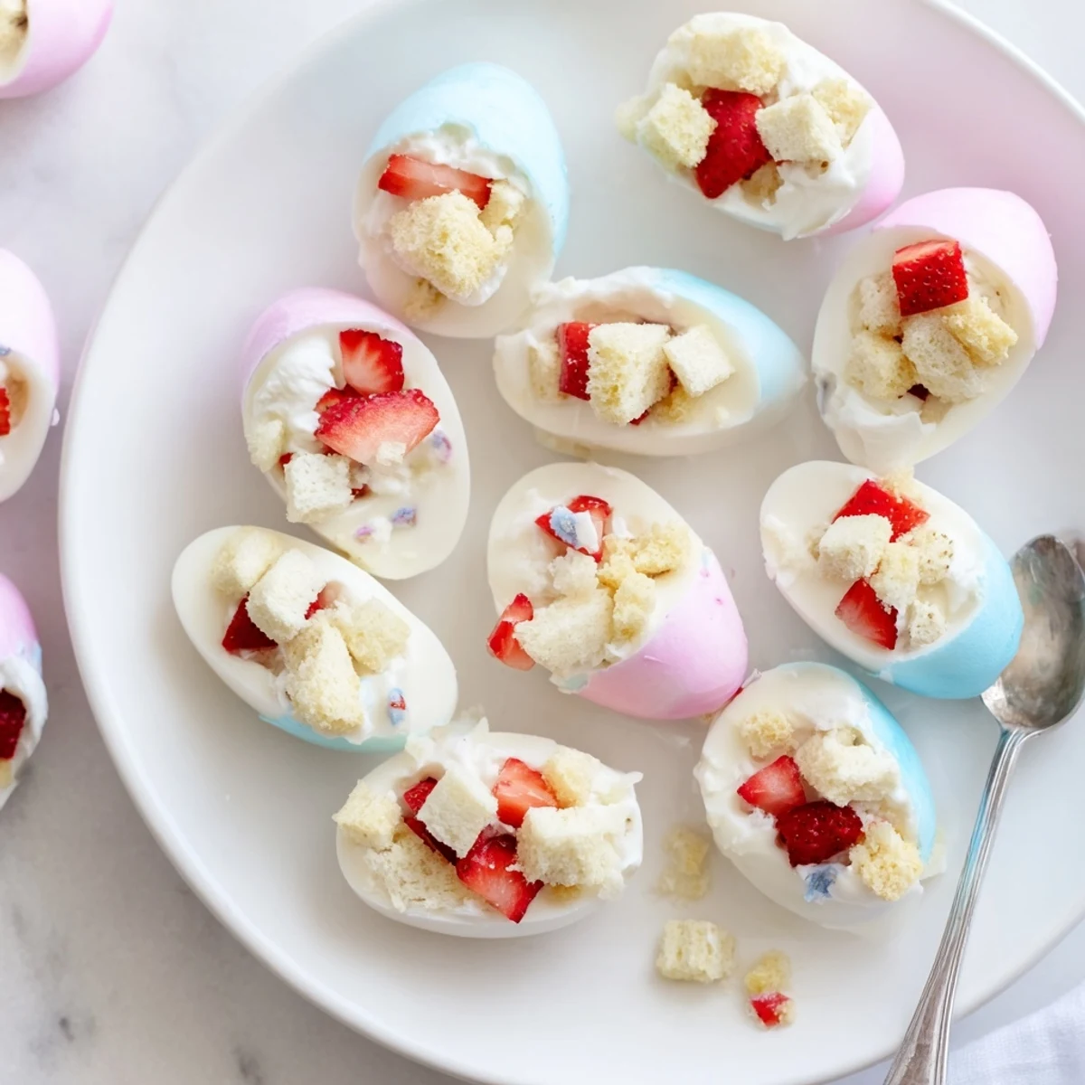 Hand holding a half-unmolded Strawberry Shortcake Easter Egg Bomb, revealing layers of fluffy shortcake crumbs and fresh strawberry filling.