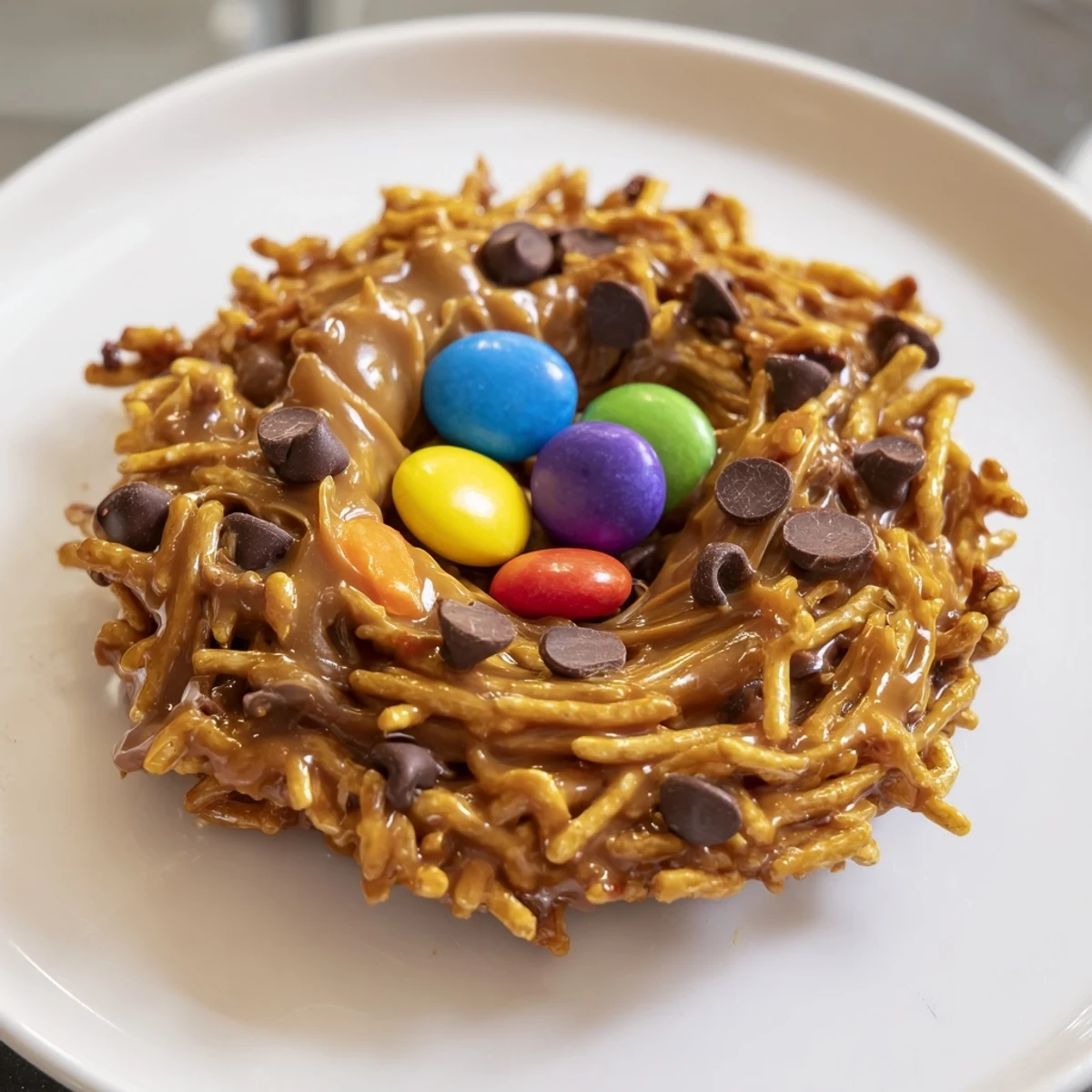 Close-up photo showing the no-bake Easter Birds Nest Cookies with creamy peanut butter, melted chocolate, and crispy chow mein noodles topped with candy eggs.