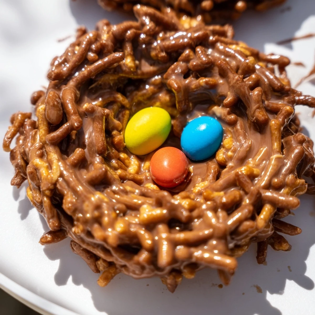 Freshly chilled Easter Birds Nest Cookies on a white plate with pastel candy eggs nestled in the crunchy peanut butter and chocolate mixture.