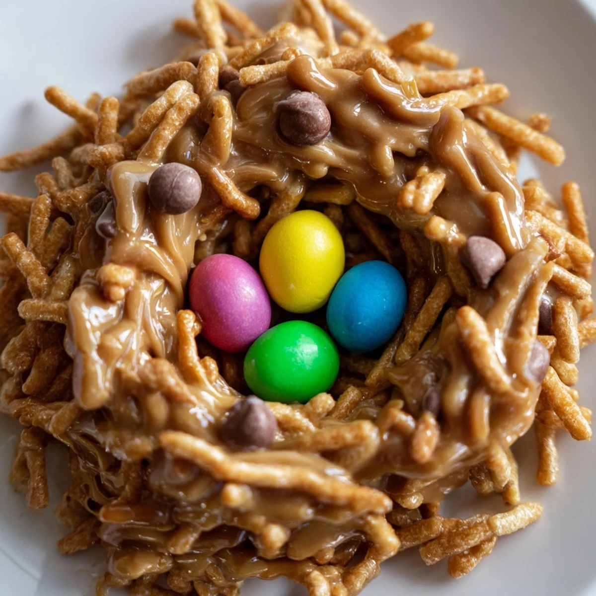 A stack of decorative Easter Birds Nest Cookies ready to serve, featuring a rich chocolate and peanut butter base with vibrant candy eggs inside.