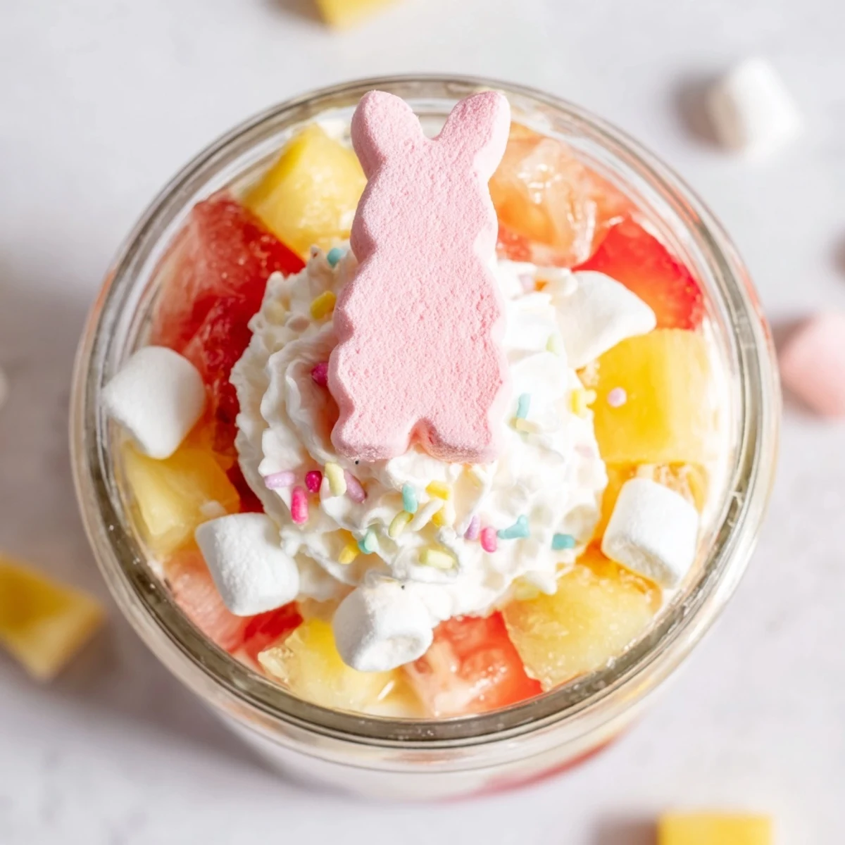 Vibrant layers of Jello Pie Easter Bunny Parfait In A Jar feature creamy filling, fresh fruit, and pastel sprinkles.