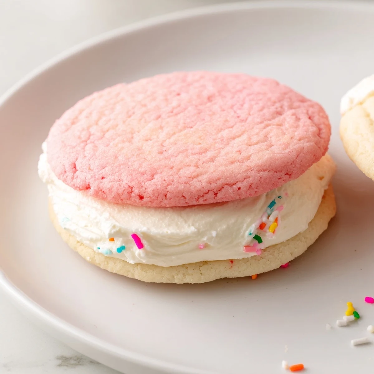 Pastel Sugar Cookie Sandwiches stacked high, showing colorful cookie rounds with creamy vanilla buttercream filling for a festive Easter treat.