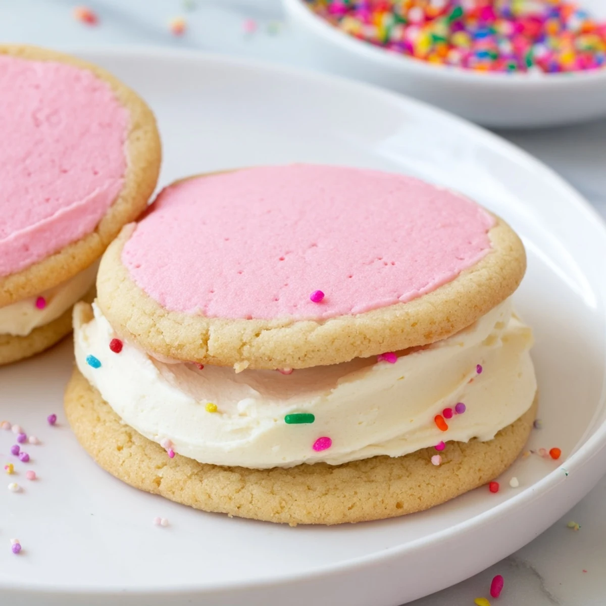 Pastel Sugar Cookie Sandwiches arranged on a platter, their soft edges and vibrant pastel hues ideal for a joyful dessert spread.