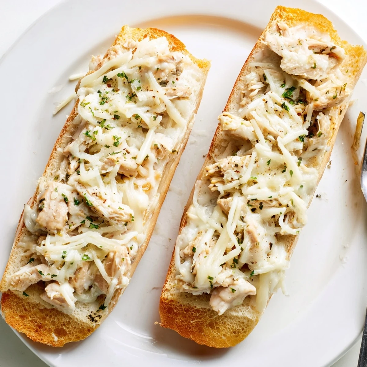 Warm Viral Chicken Alfredo Garlic Bread with melted mozzarella and provolone on a serving platter.