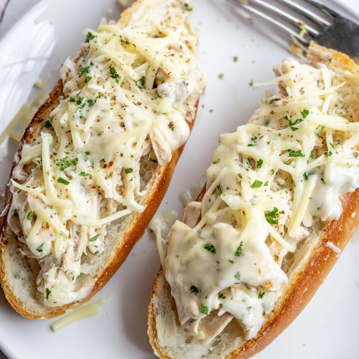 Sliced Viral Chicken Alfredo Garlic bread pieces on a wooden board, ready to share at a party.