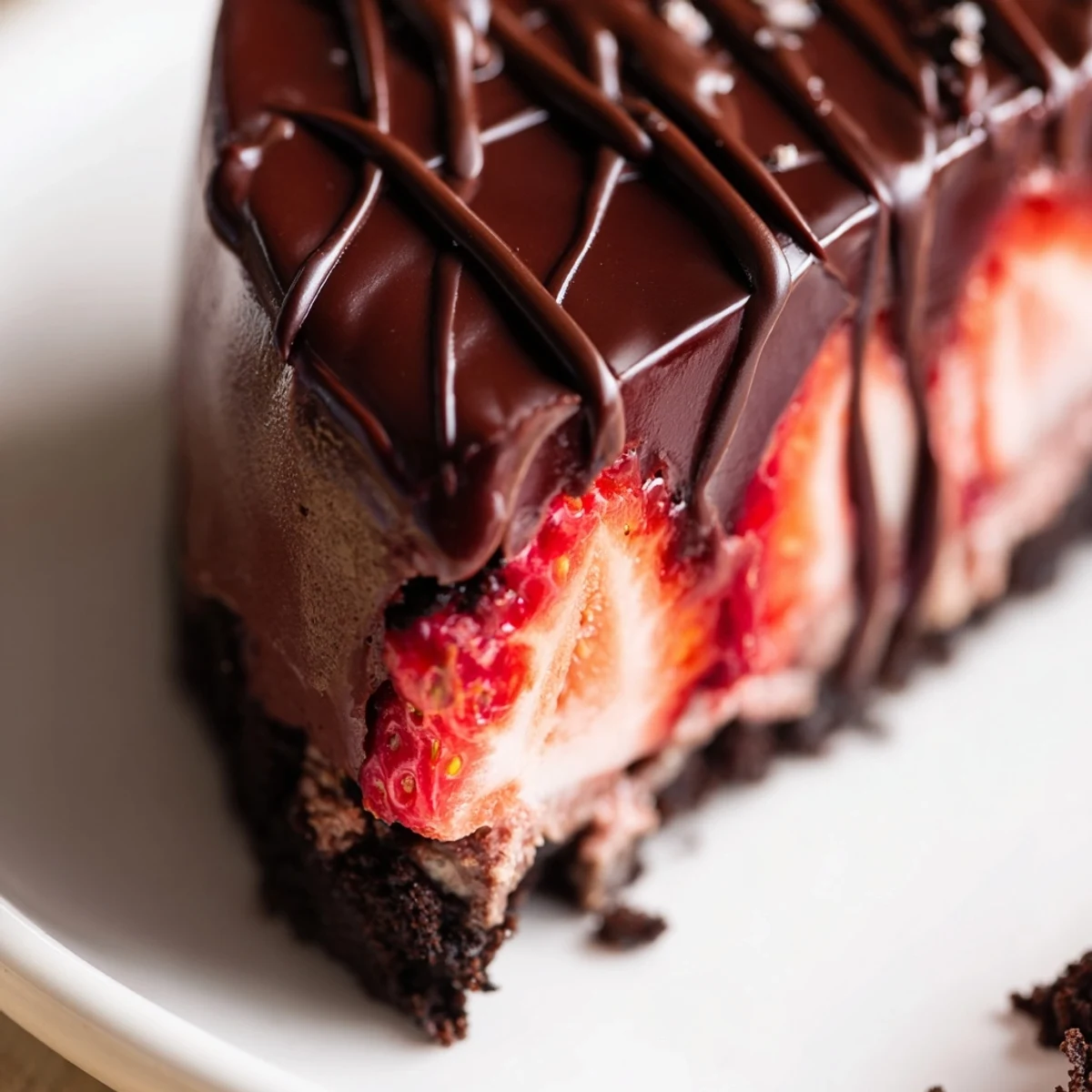 A slice of Chocolate Covered Strawberry Cheesecake showcases a rich chocolate ganache and fresh strawberry halves on a creamy filling.