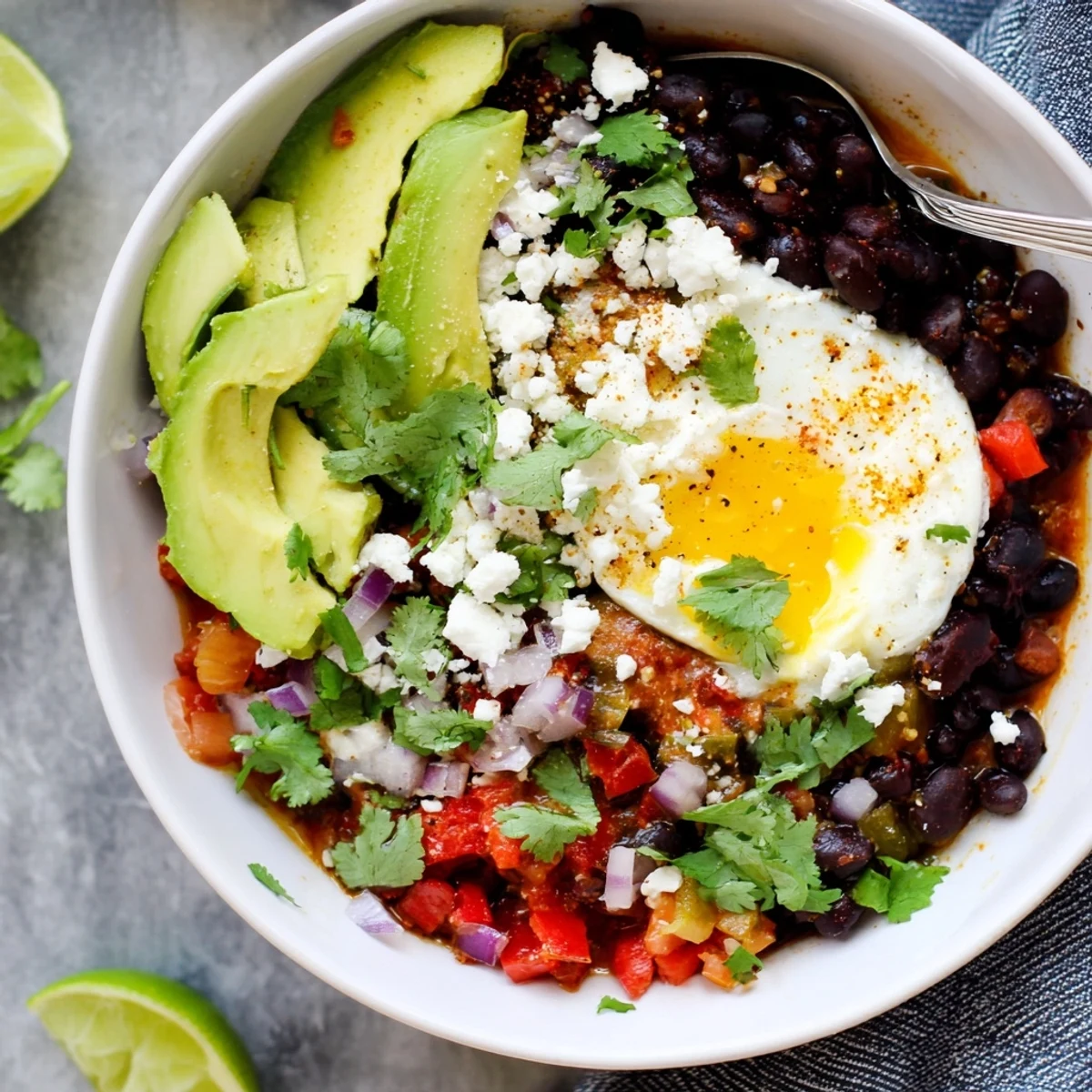 Fresh cilantro and avocado slices garnish a hearty serving of Mexican Braised Beans With Soft Boiled Egg in a rustic bowl.
