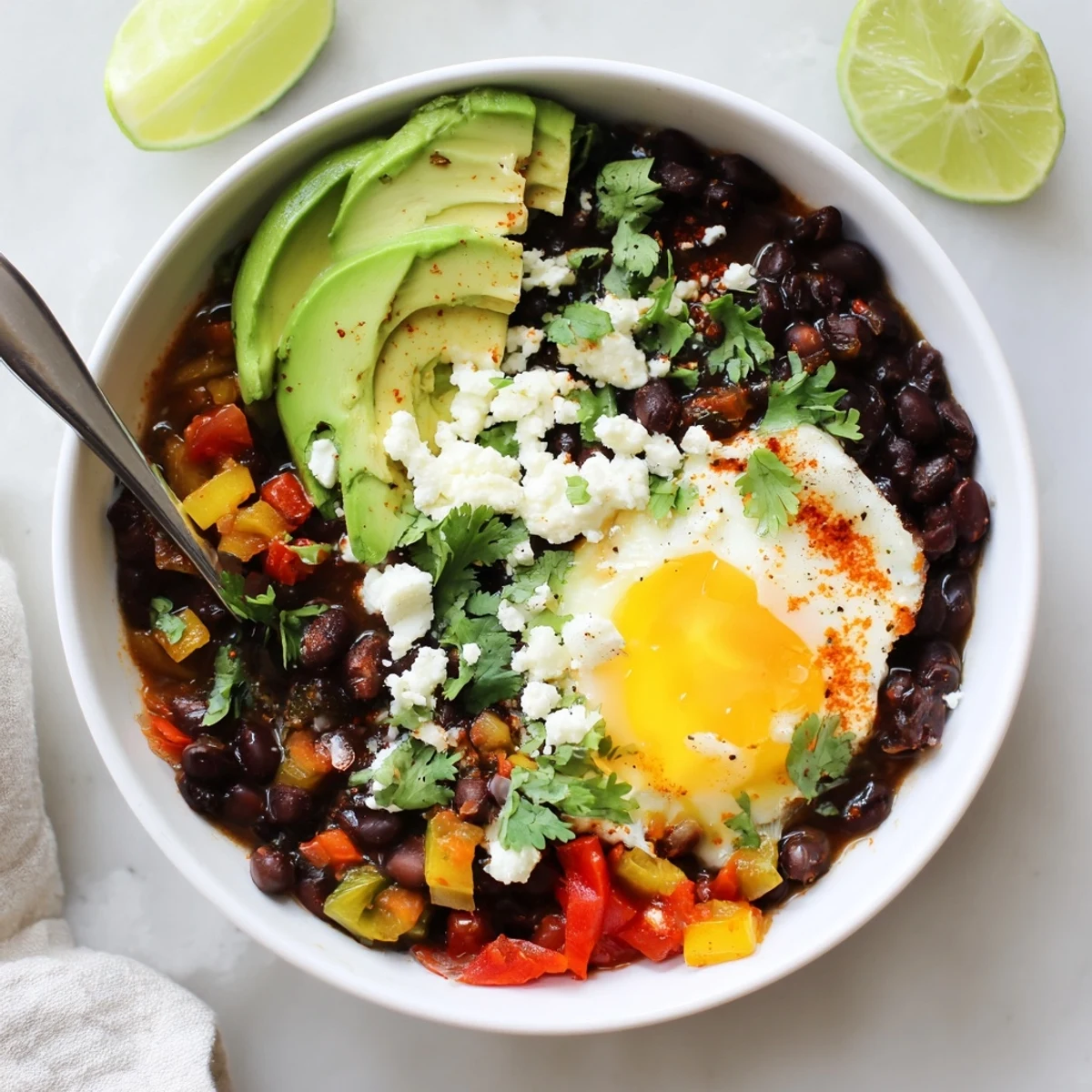 Creamy soft-boiled egg tops a bowl of Mexican Braised Beans With Soft Boiled Egg, garnished with avocado and cilantro.