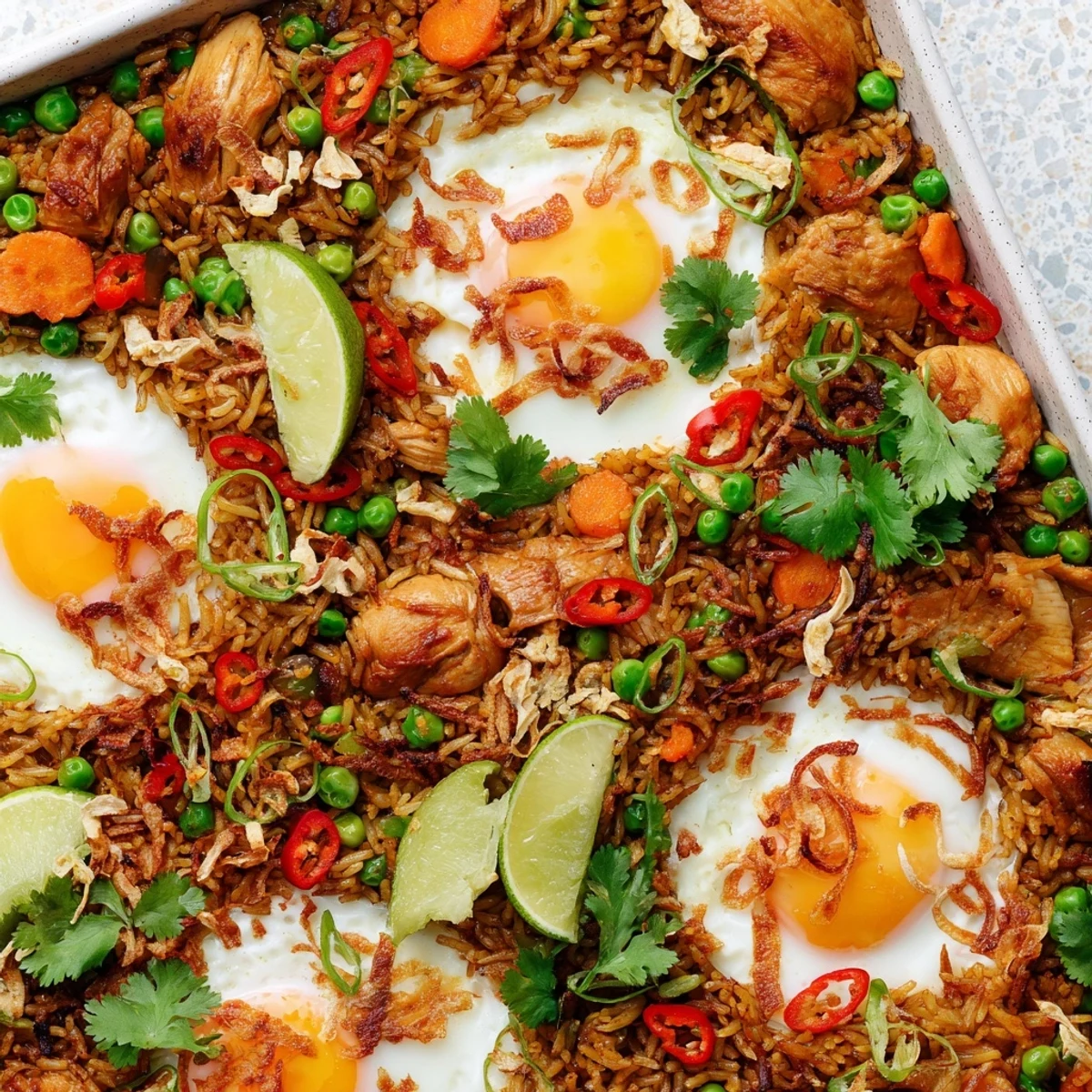 Golden-brown Nasi Goreng Tray Bake fresh from the oven, topped with a perfectly baked egg and fresh spring onions.
