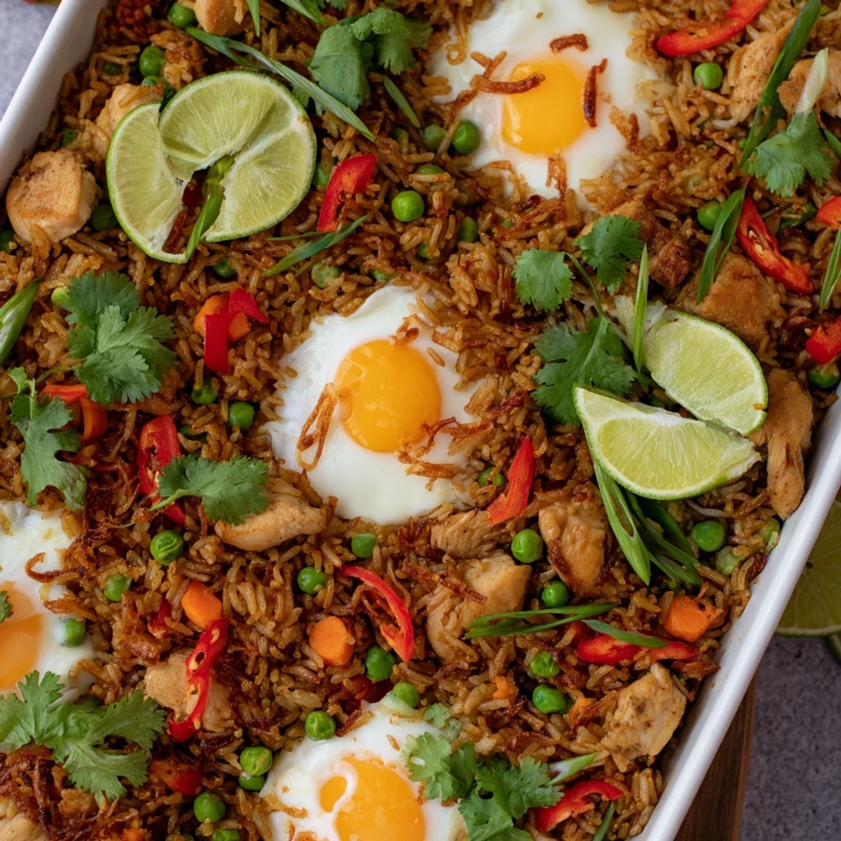 A close-up of Nasi Goreng Tray Bake showing succulent chicken, colorful peppers, and crispy fried shallots garnish.