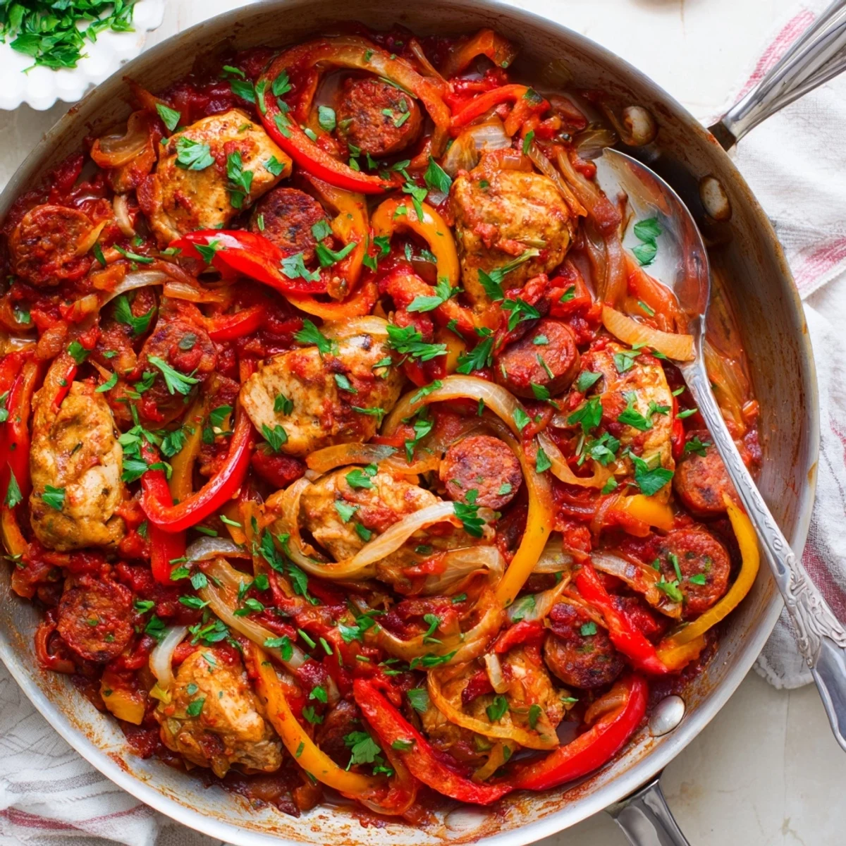 Tender chicken and smoky chorizo join sweet red capsicum in a rich tomato sauce, simmered in one pan for this flavorful Capsicum, Tomato, and Chicken with Chorizo.