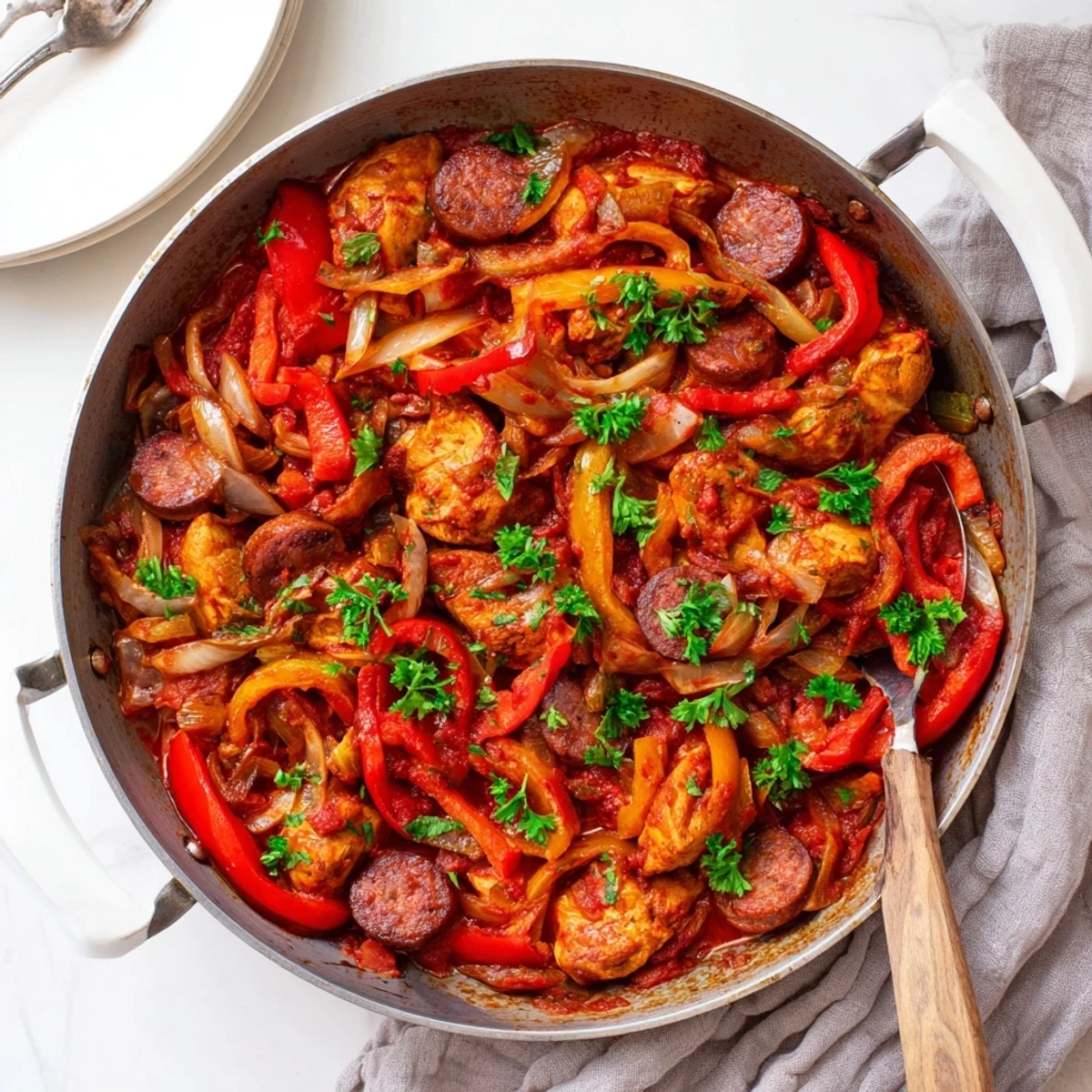 A close-up view of the hearty Capsicum, Tomato, and Chicken with Chorizo, garnished with fresh parsley and served alongside crusty bread for a cozy weeknight meal.