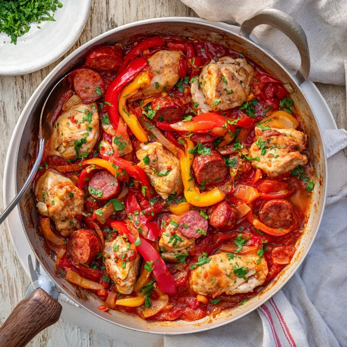Bright yellow and red bell peppers mingle with juicy chicken pieces in the savory Capsicum, Tomato, and Chicken with Chorizo, steaming gently in a rustic skillet.