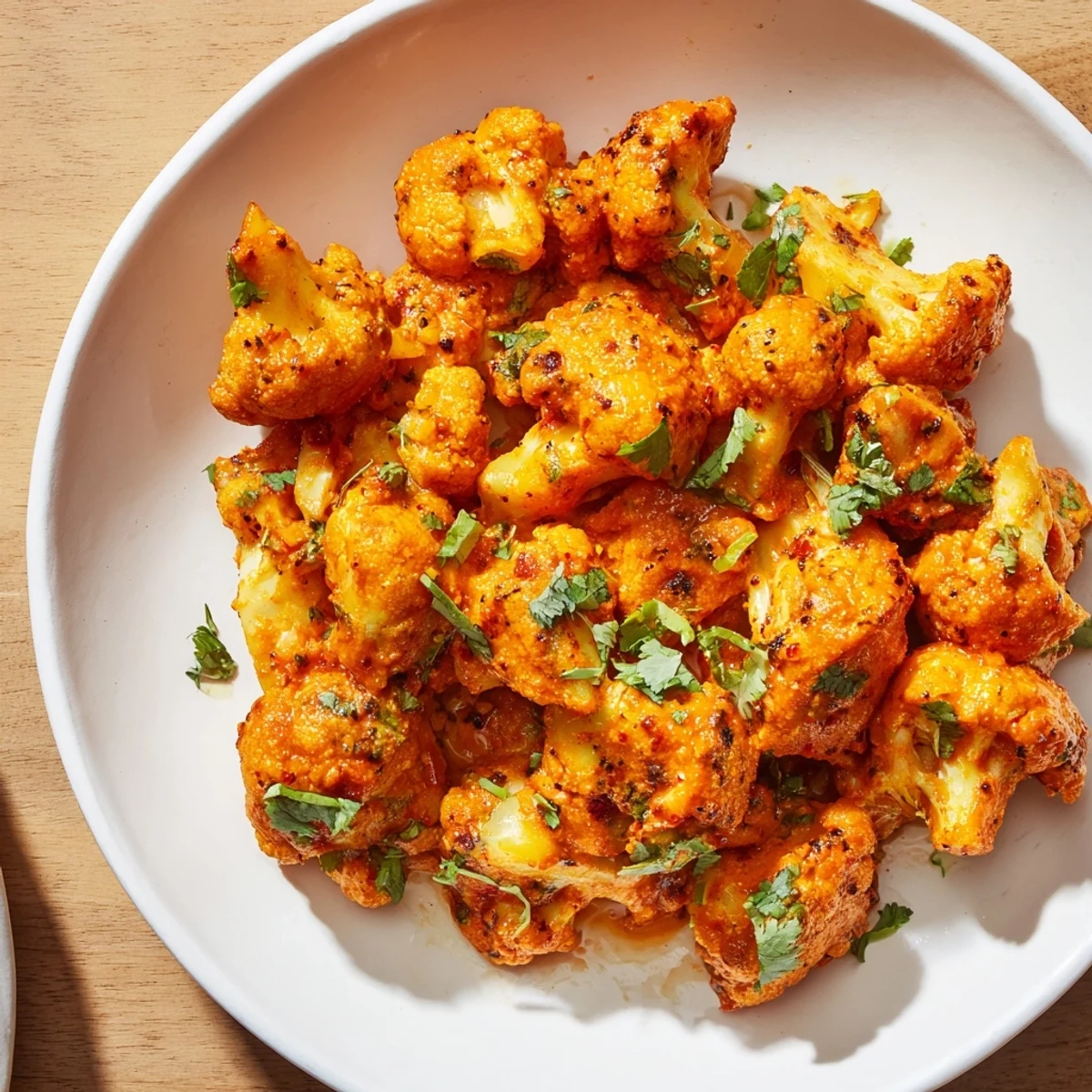 Steaming Indian Butter Spiced Potatoes and Cauliflower in a rich tomato cream sauce, garnished with fresh cilantro.