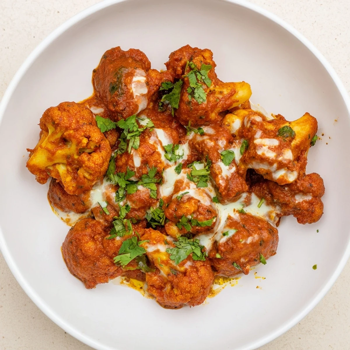 A close-up of Indian Butter Spiced Potatoes and Cauliflower served over basmati rice with a side of warm naan.