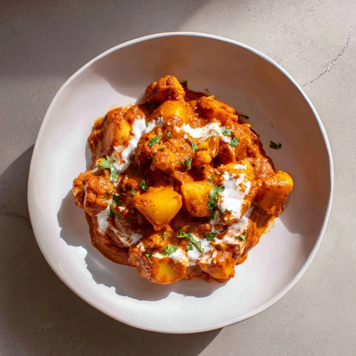 Vibrant Indian Butter Spiced Potatoes and Cauliflower simmered until tender, featuring golden potatoes and soft cauliflower florets.