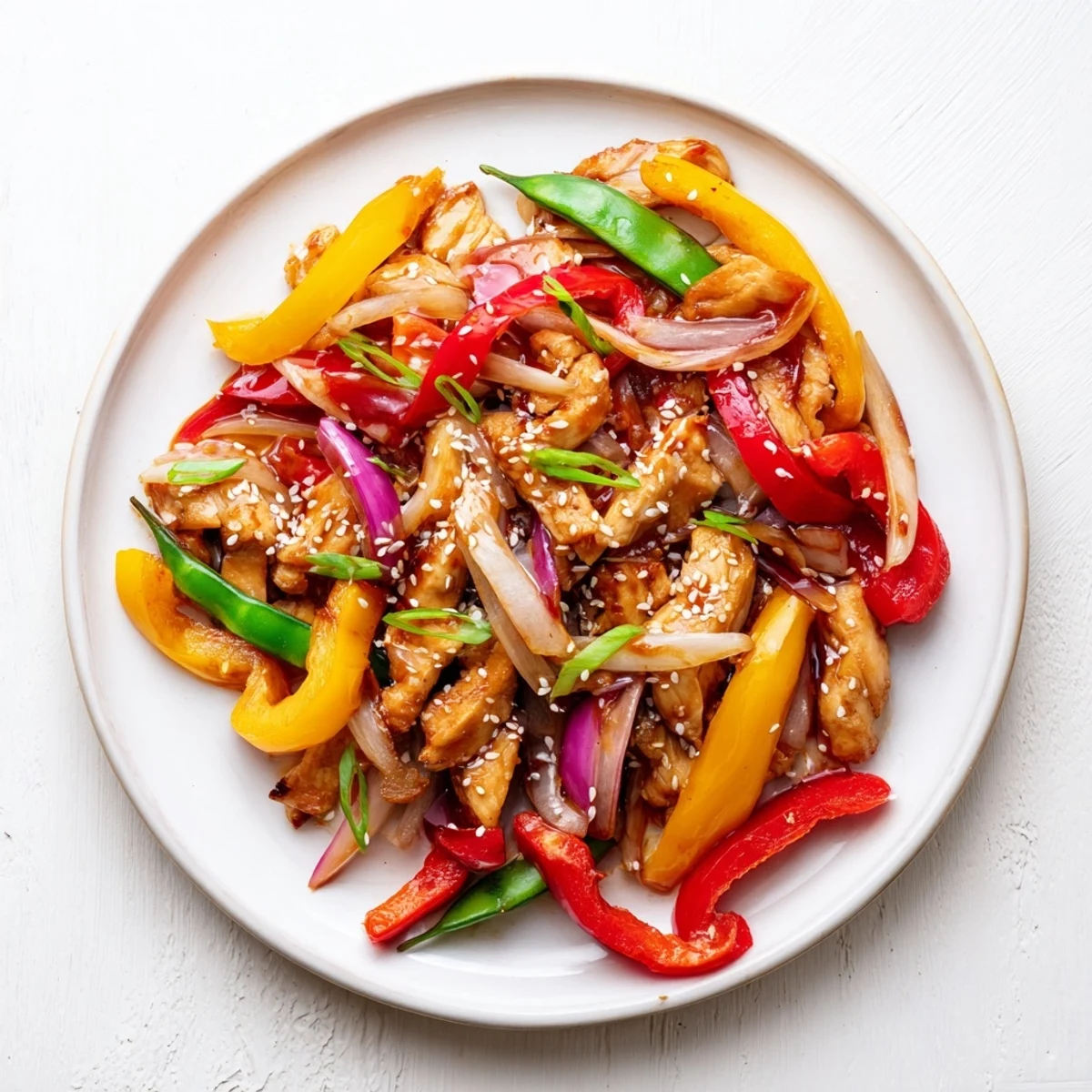 Tender chicken, crisp bell peppers, and snap peas coated in a glossy, sweet chili sauce for Quick Sweet Chilli Chicken Stir Fry. 