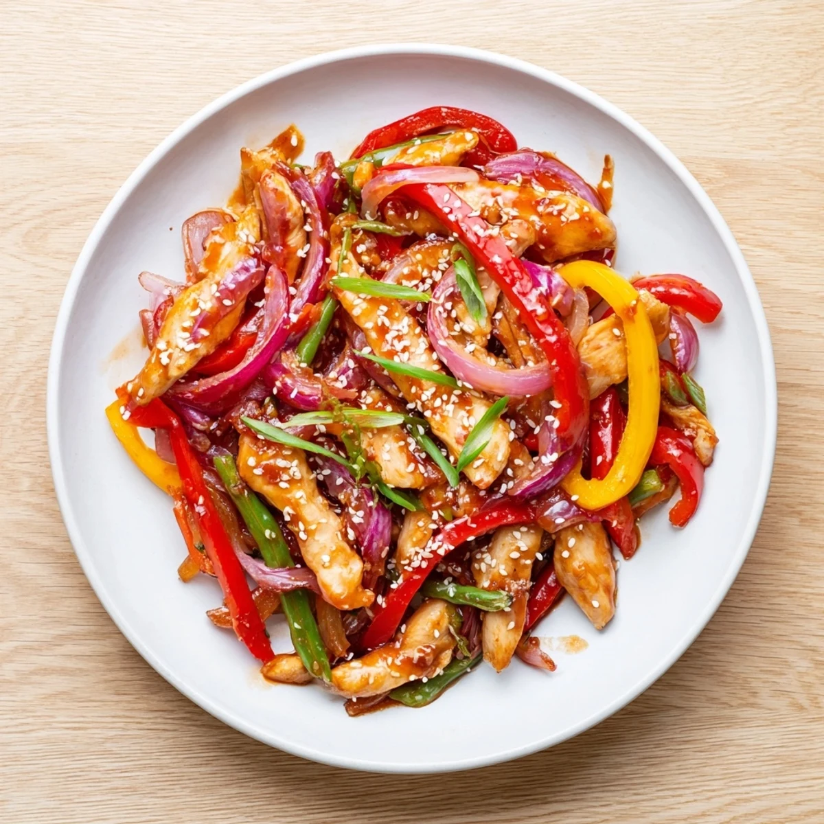 Quick Sweet Chilli Chicken Stir Fry featuring vibrant vegetables and juicy chicken pieces glistening with a tangy-sweet glaze.