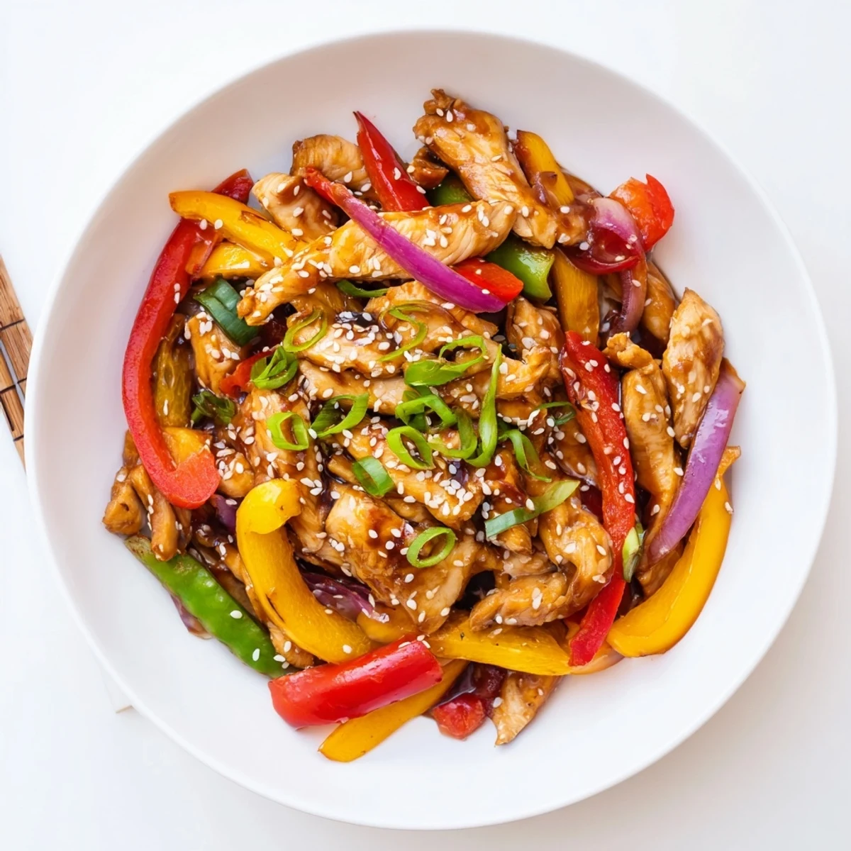 A steaming plate of Quick Sweet Chilli Chicken Stir Fry served alongside fluffy white rice and garnished with sesame seeds. 