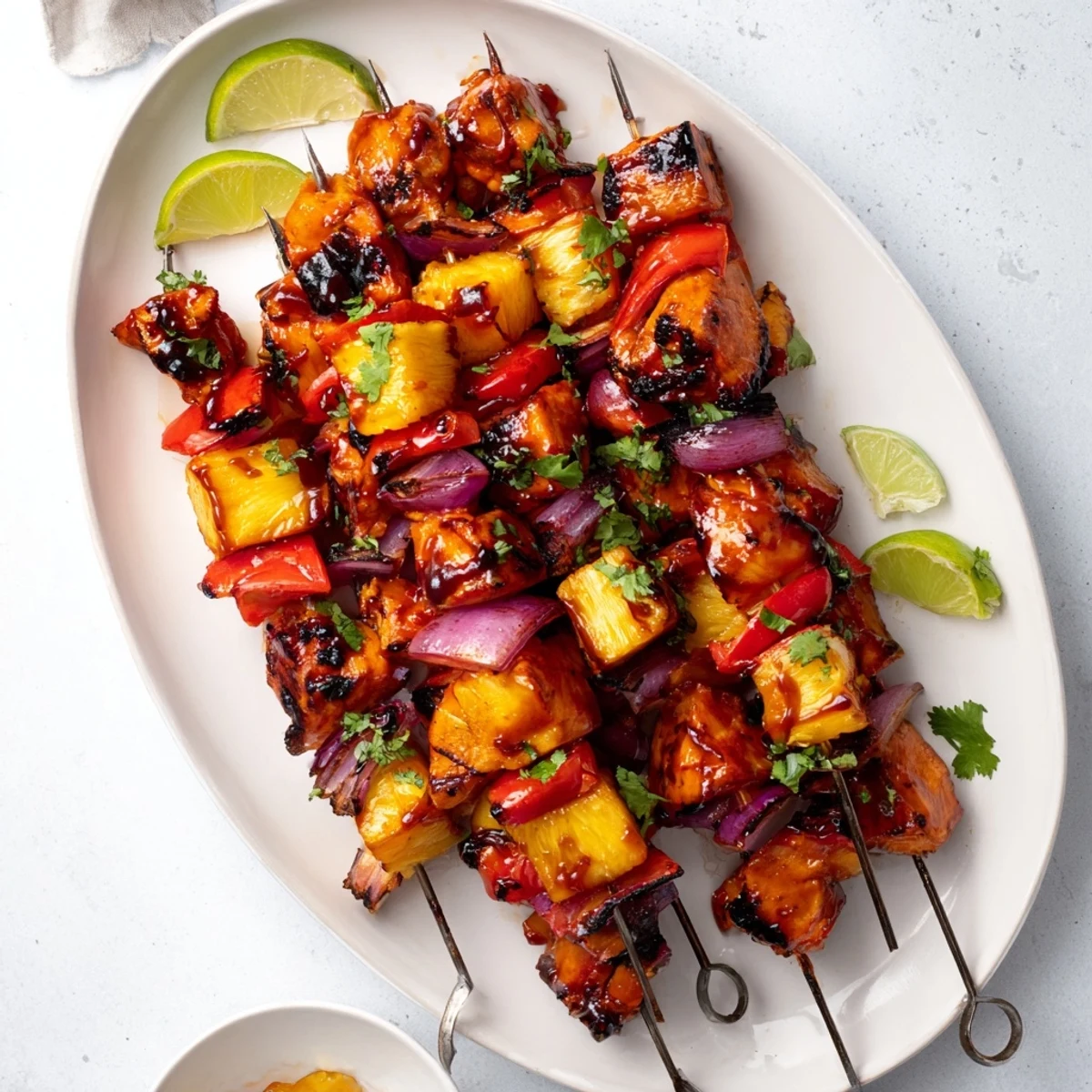 Juicy grilled Chicken and Pineapple BBQ Skewers with charred edges and vibrant colors, perfect for summer dinners.