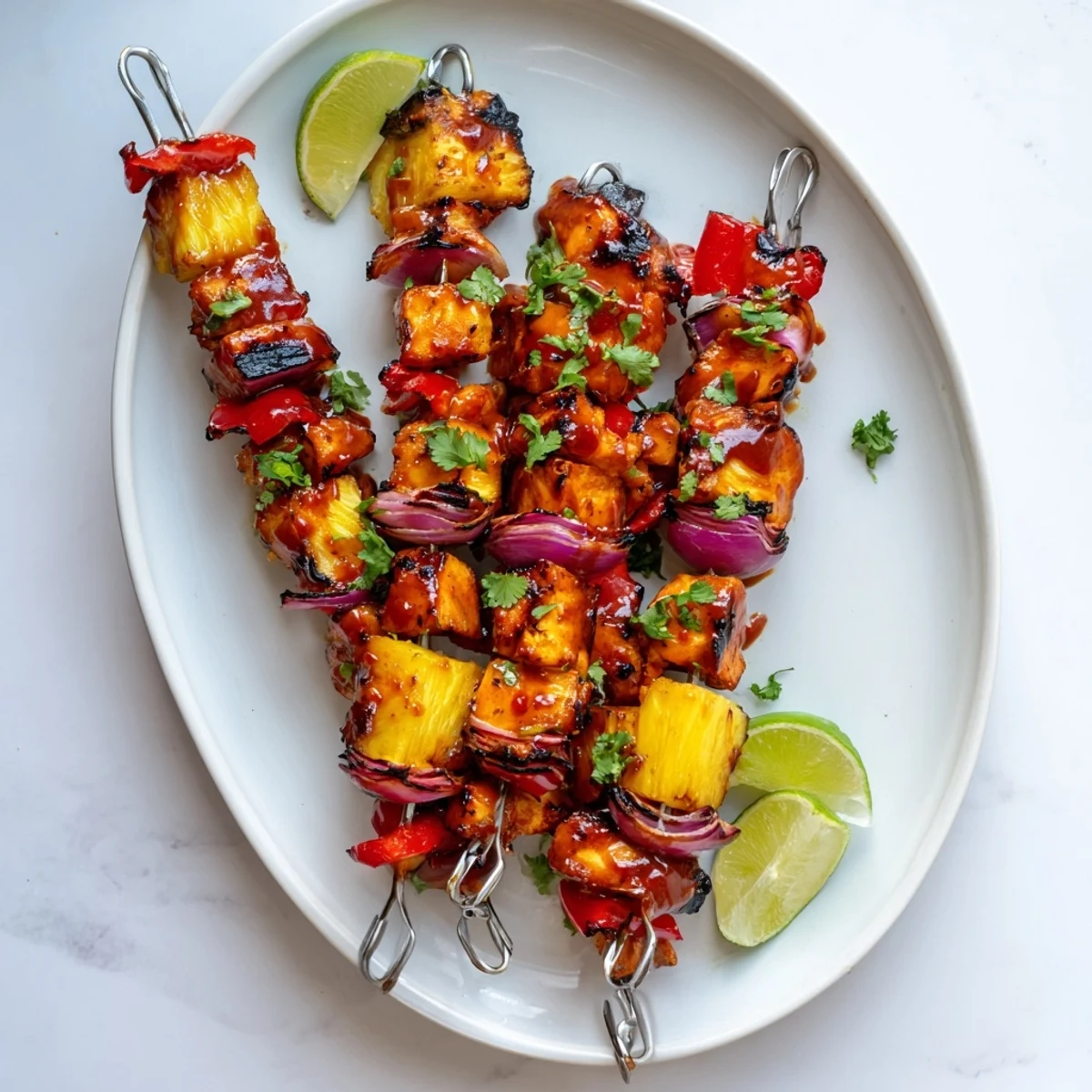 Tender Chicken and Pineapple BBQ Skewers served with lime wedges and cilantro for a bright, fresh finish.