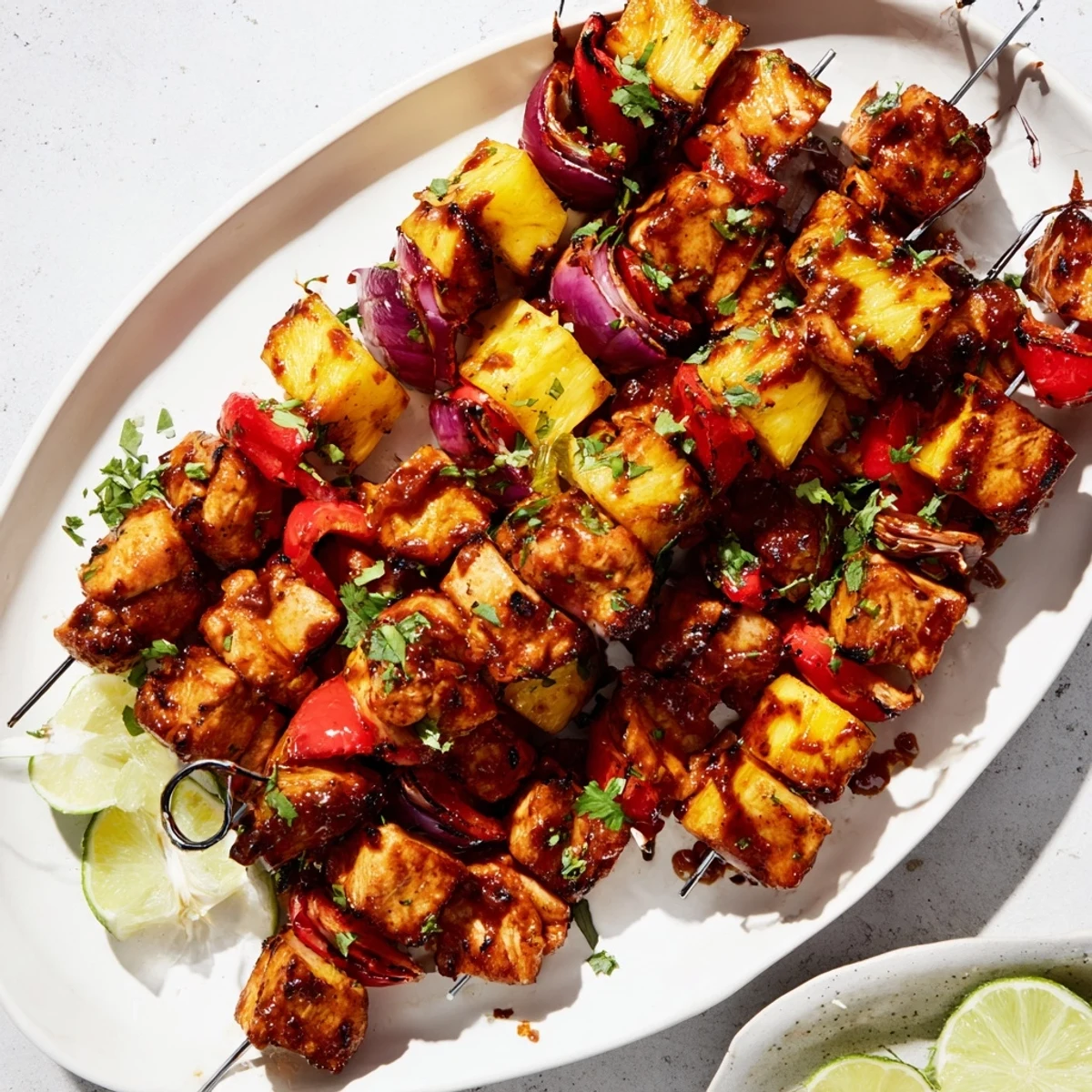 Skewers of Chicken and Pineapple BBQ Skewers loaded with sweet pineapple and smoky BBQ sauce on a platter.
