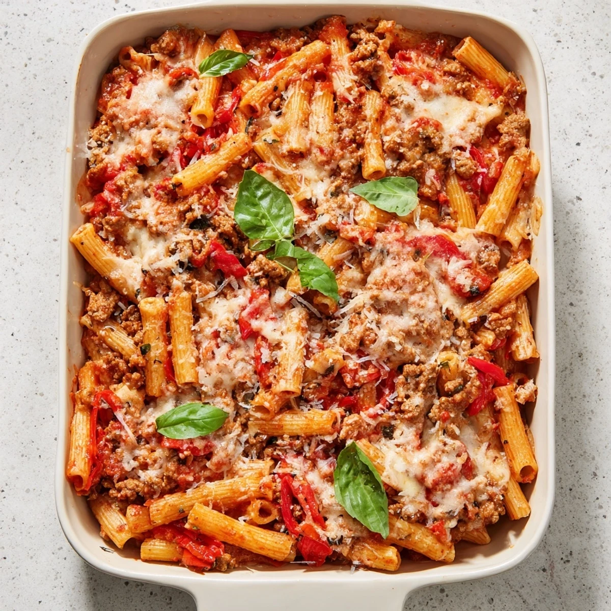 Golden, bubbly mozzarella and Parmesan top a baked dish of penne tossed with savory browned sausage, onion, and red pepper in a rich tomato sauce.