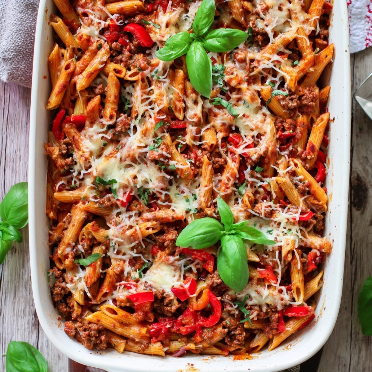 Fresh basil garnishes this steamy Quick Sausage Pasta Bake, served straight from the oven in a ceramic dish for a cozy weeknight dinner.