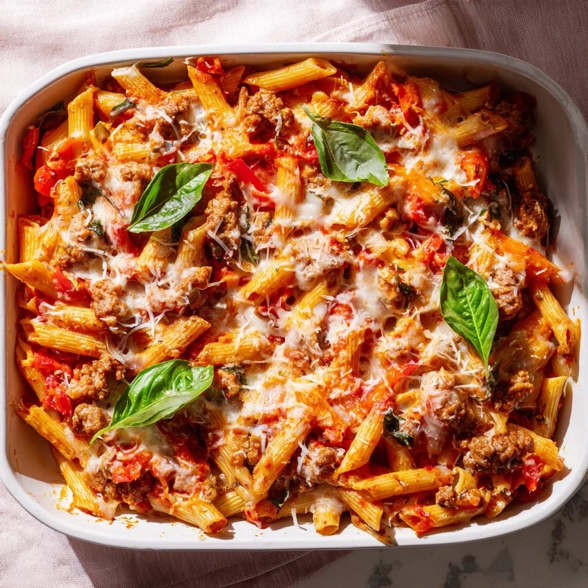 A close-up of hearty Quick Sausage Pasta Bake shows melted cheese, al dente pasta, and colorful vegetables, perfect alongside a crisp green salad.