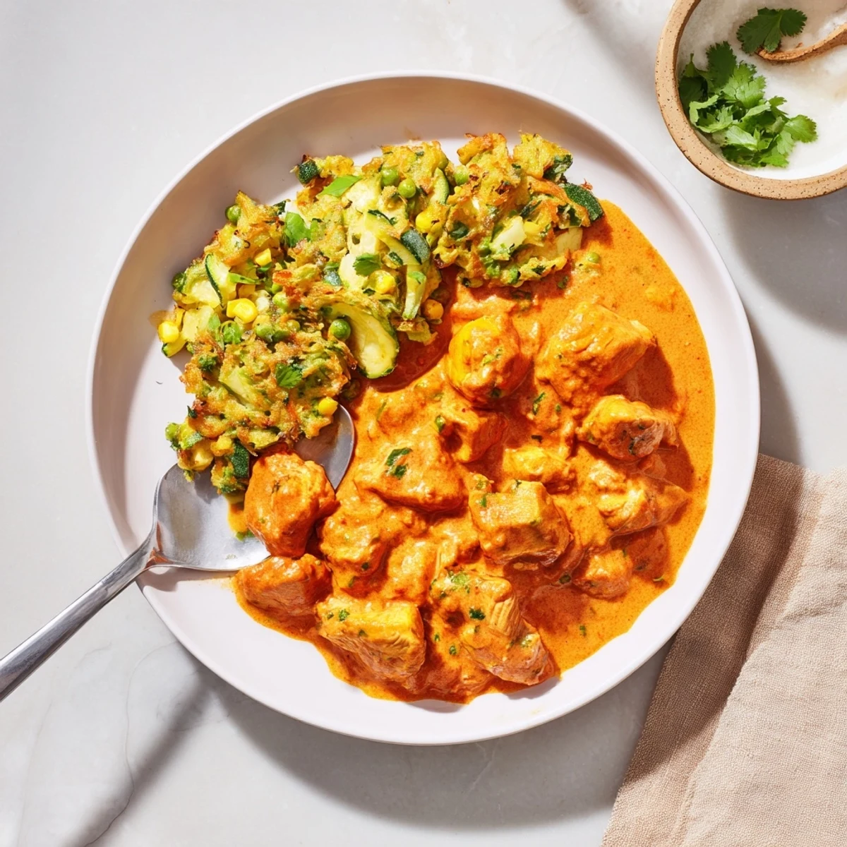 Golden, crispy vegetable fritters are served next to creamy Butter Chicken and Vegetable Fritters in a cozy bowl.  