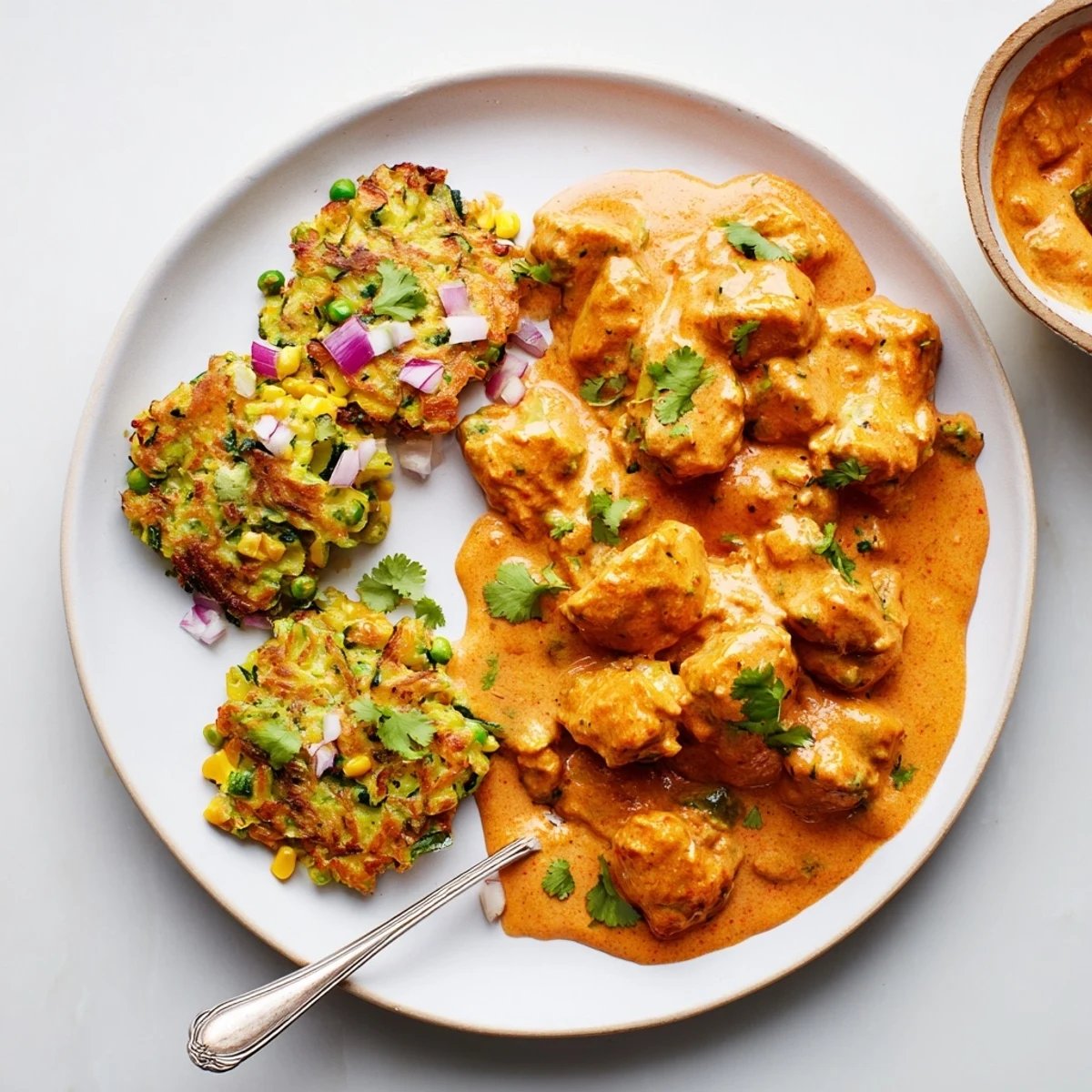 A close-up shows spiced Butter Chicken and Vegetable Fritters beside fresh cilantro and a dollop of yogurt.  