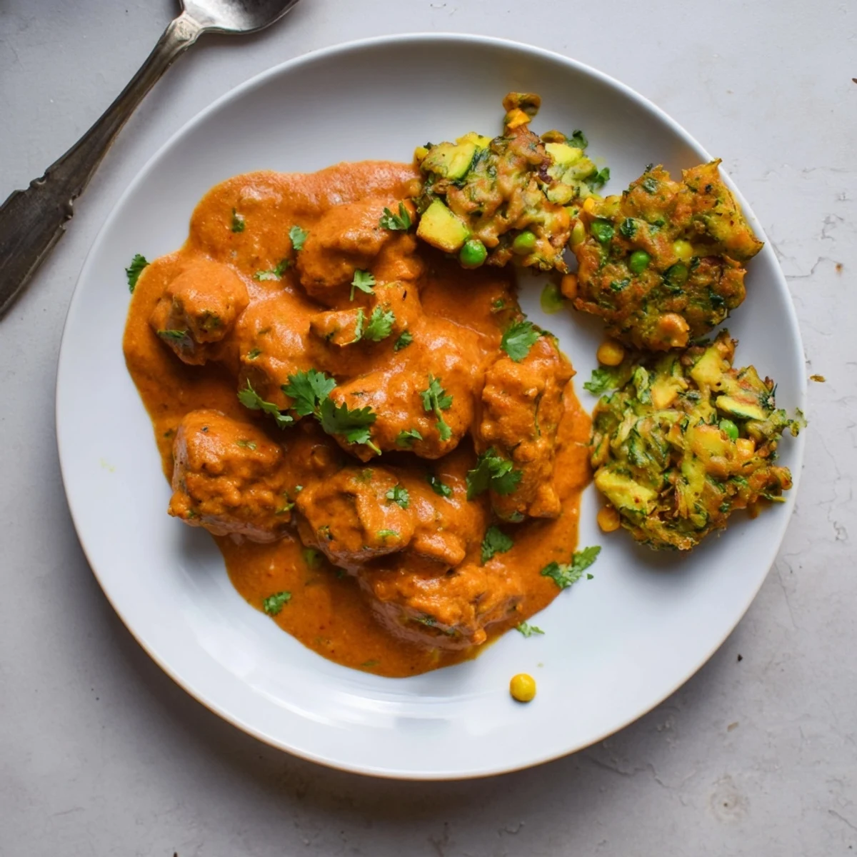 Steaming Butter Chicken and Vegetable Fritters are plated with vibrant zucchini and carrot fritters for a comforting meal.