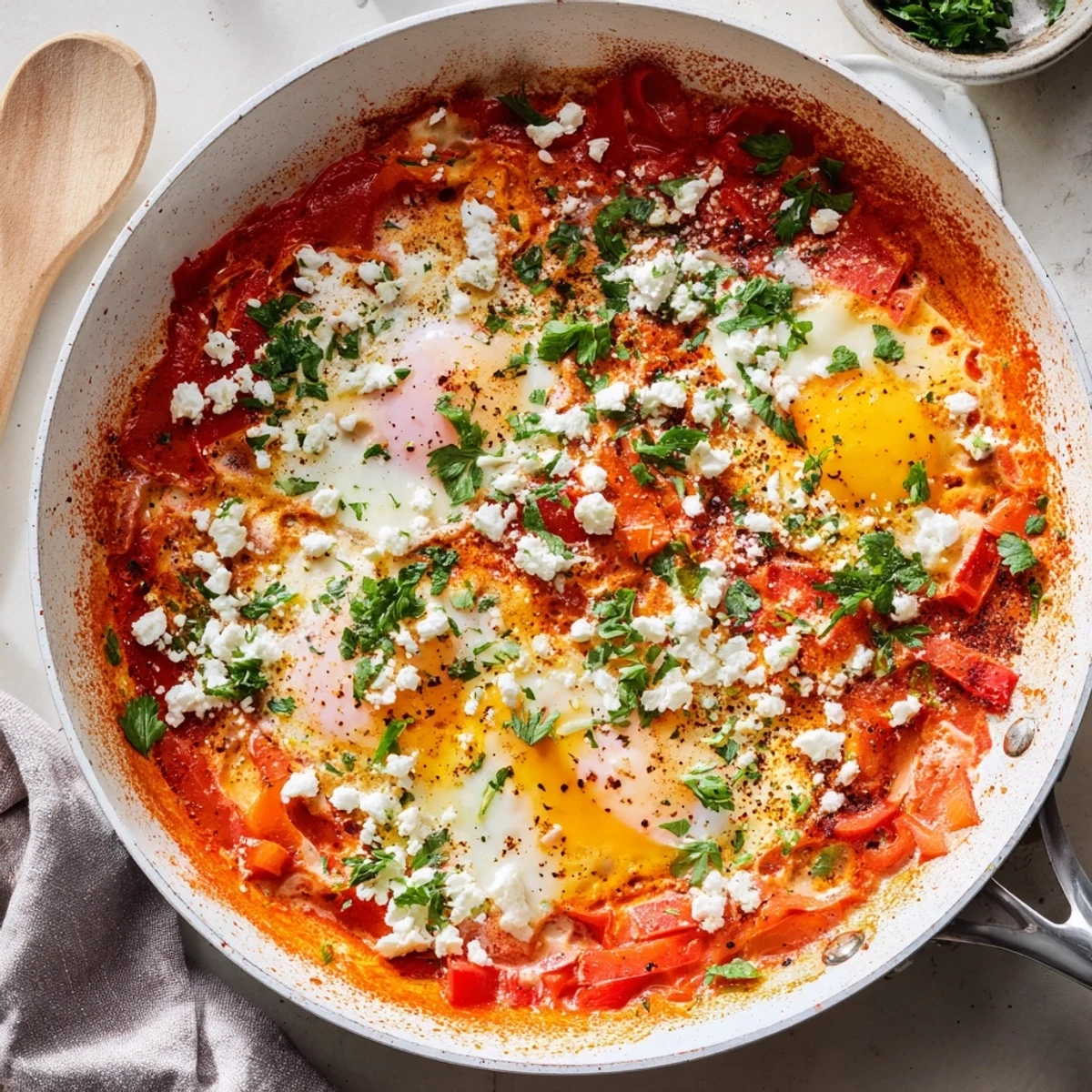 A close-up of Quick Shakshuka eggs in a red skillet, garnished with cilantro and crumbled feta.