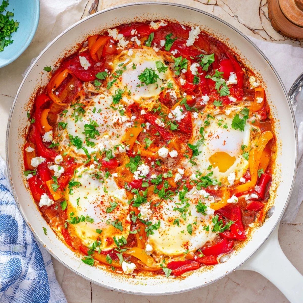 Steamy Quick Shakshuka eggs in a cast iron skillet, featuring vibrant red peppers and runny yolks.