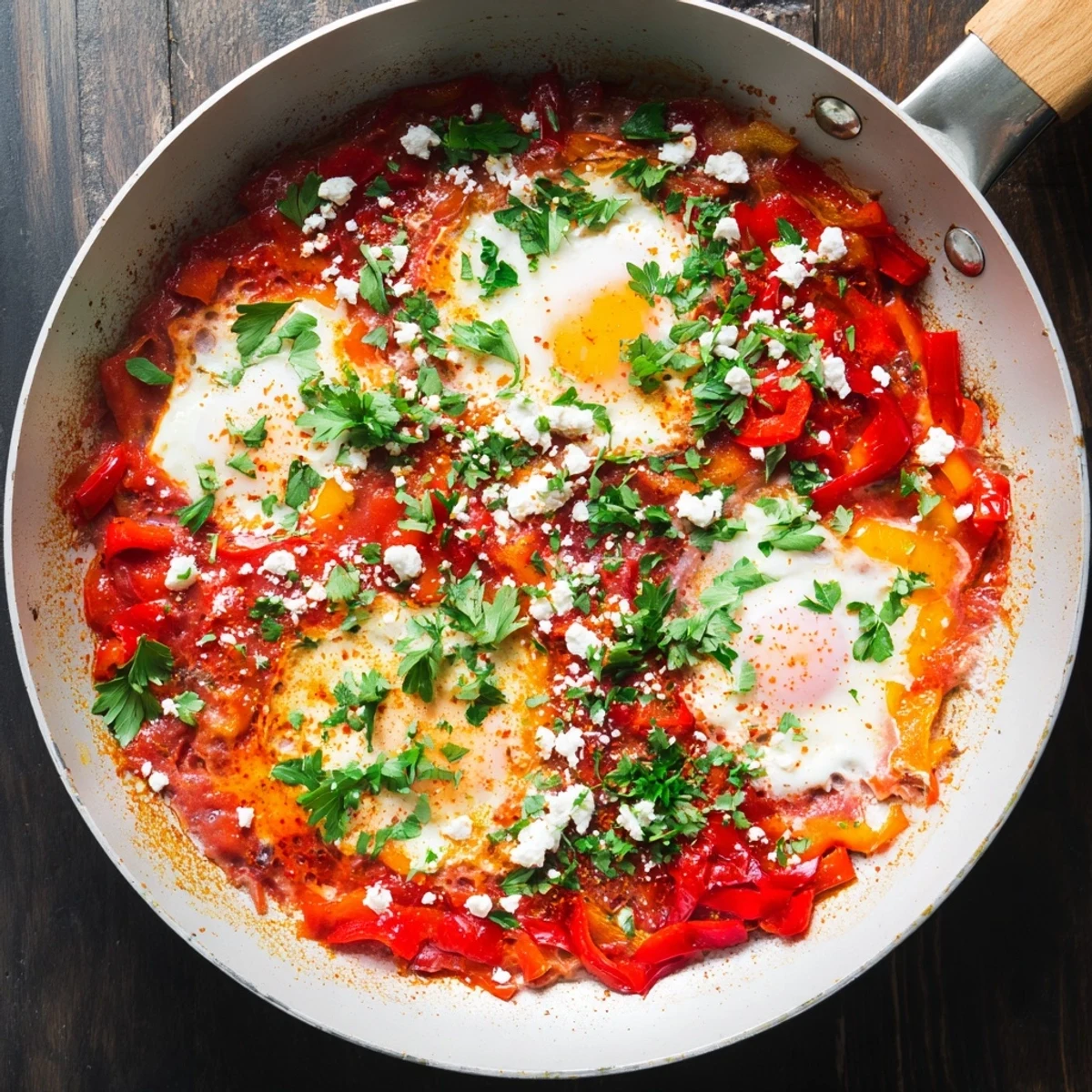 Quick Shakshuka eggs with poached eggs in a spicy tomato sauce, served with crusty bread.