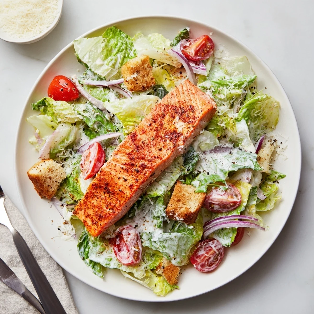 Fresh grilled Salmon Caesar Salad with crispy romaine, crunchy croutons, and creamy homemade dressing. 