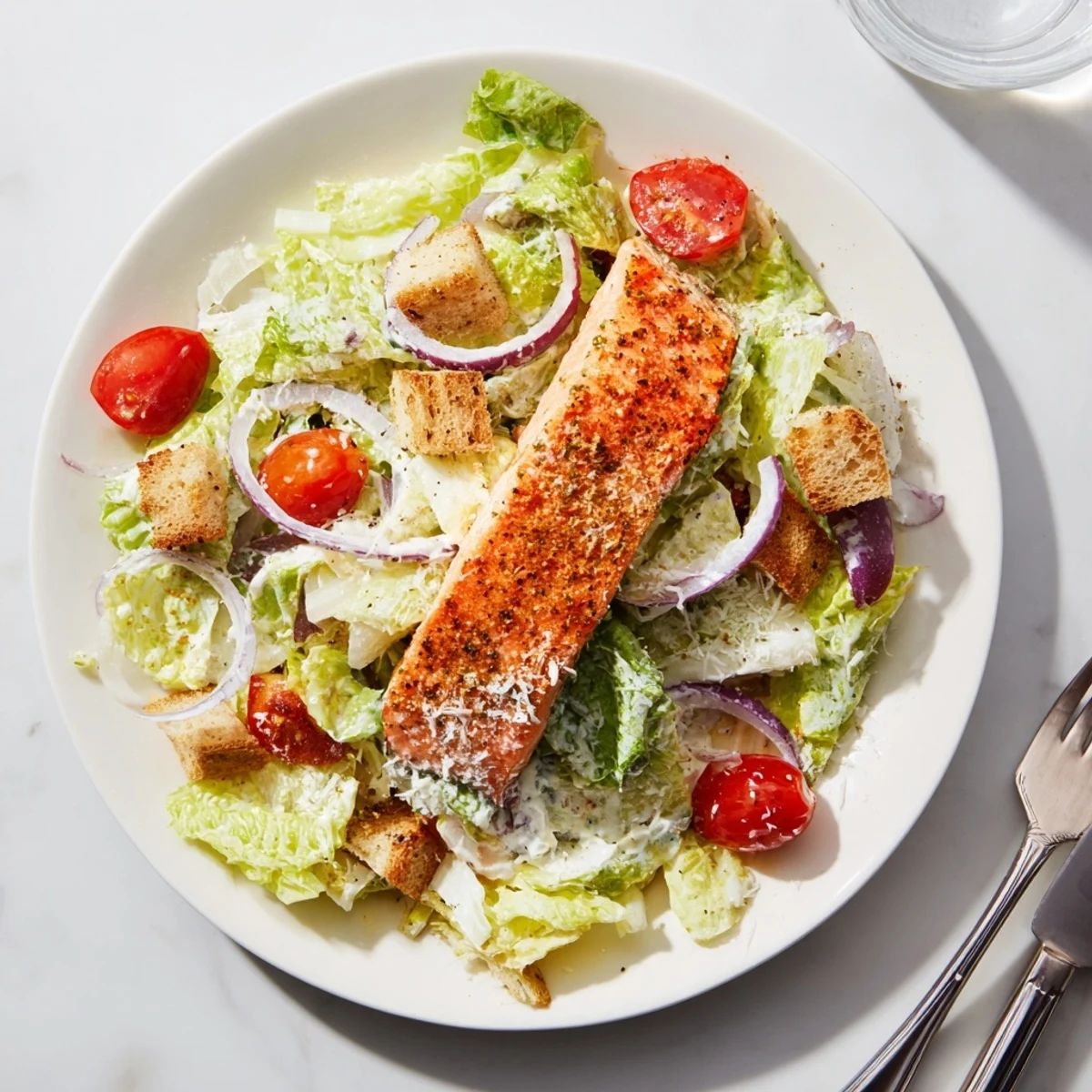 Vibrant Salmon Caesar Salad topped with succulent salmon, cherry tomatoes, and freshly grated Parmesan cheese. 
