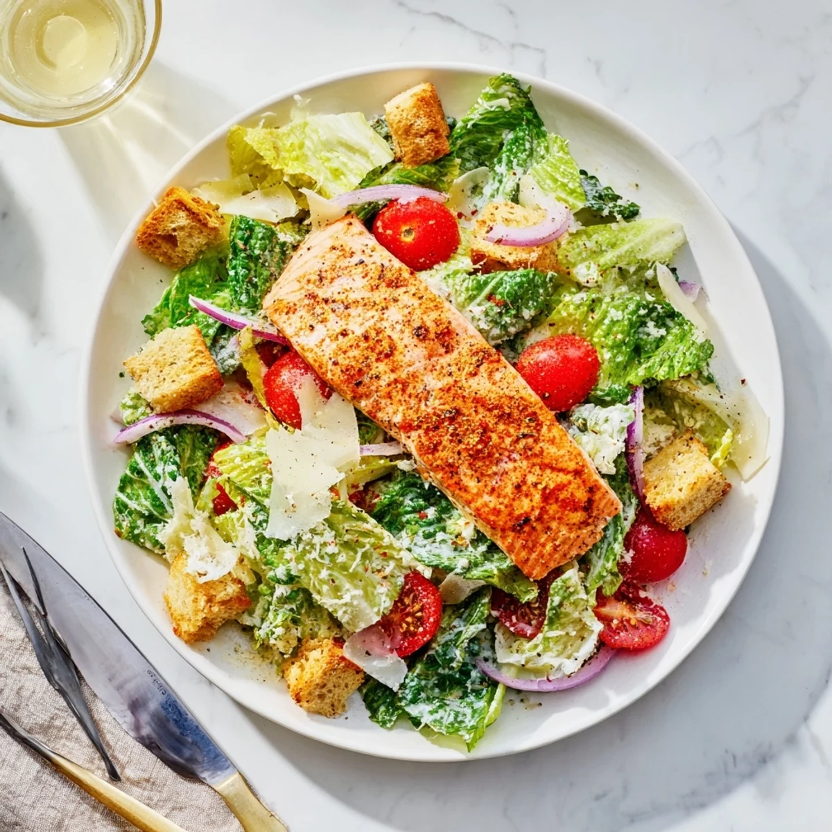 Savory Salmon Caesar Salad served on a plate with charred salmon fillet and drizzled dressing.