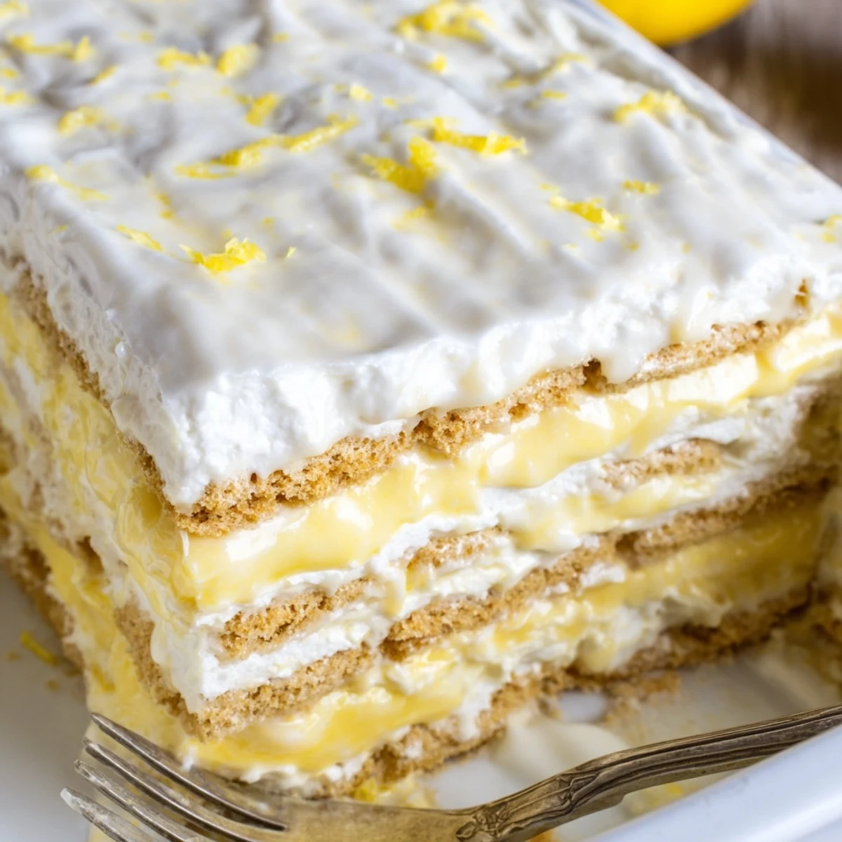 A sliced No Bake Lemon Eclair Cake reveals creamy lemon pudding between soft graham crackers, drizzled with glossy glaze.