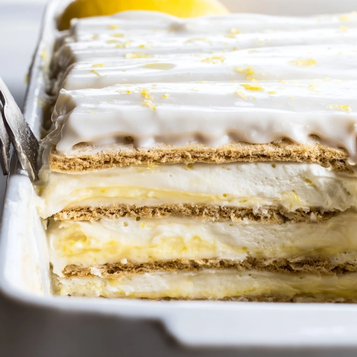 Chilled No Bake Lemon Eclair Cake is served on a summer table with fresh lemon wedges for brightness.