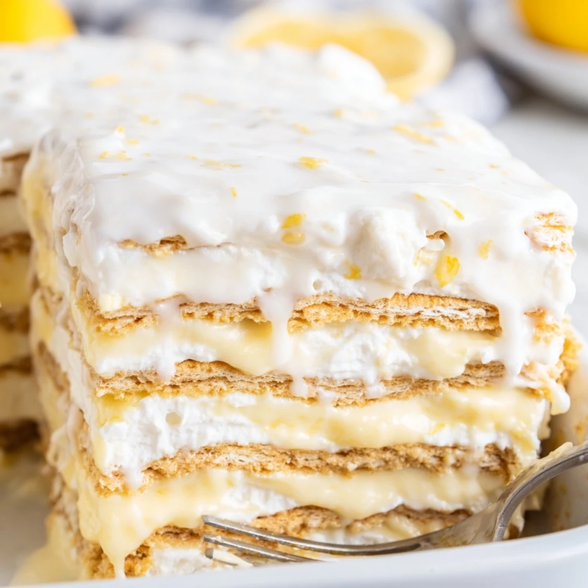 The layers of No Bake Lemon Eclair Cake show whipped lemon cream and silky glaze on a rustic board.