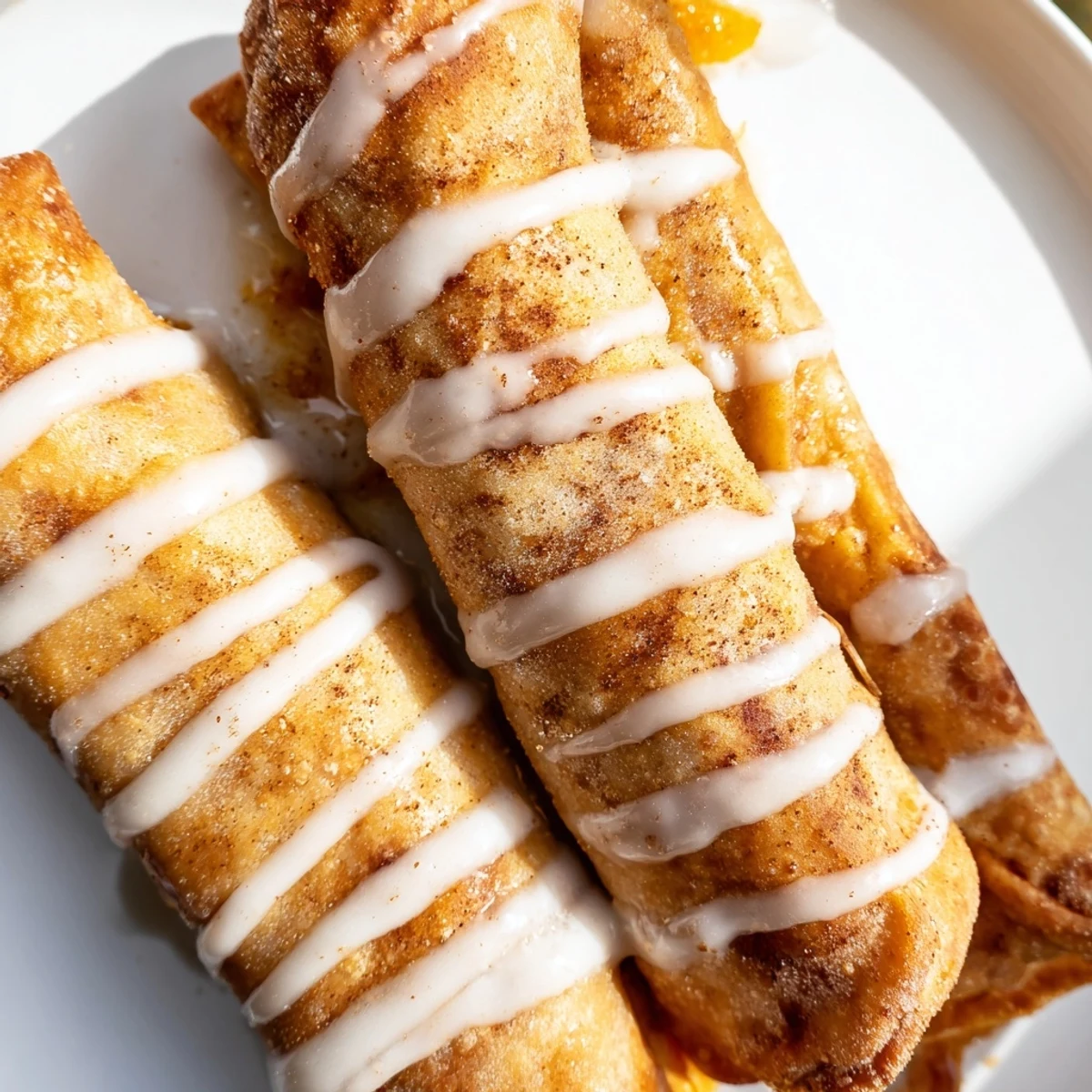 Freshly fried Peach Cobbler Egg Rolls filled with juicy peaches and cinnamon, drizzled with vanilla glaze on a plate.