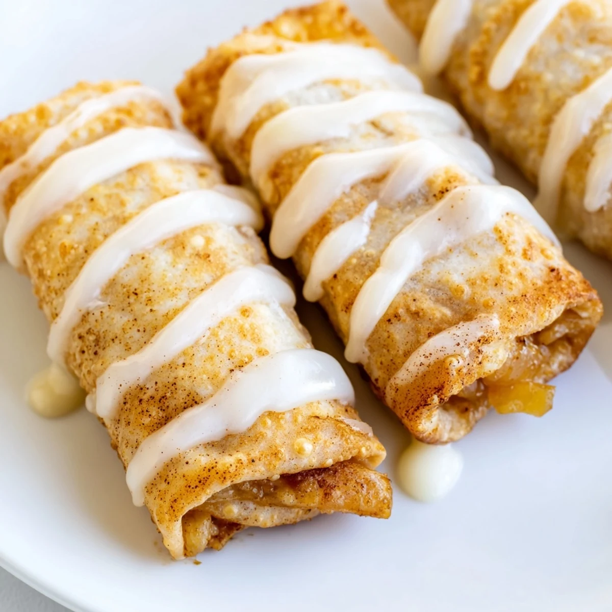 Golden Peach Cobbler Egg Rolls arranged on a plate, served warm with a sweet vanilla glaze for dipping.