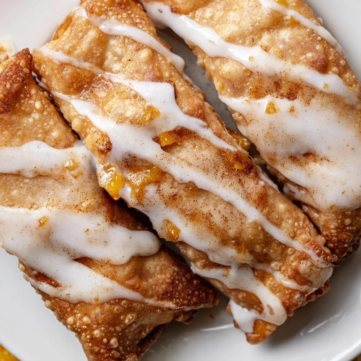 Peach Cobbler Egg Rolls on a white plate with melted vanilla glaze, showcasing crispy wrappers and warm peach filling.