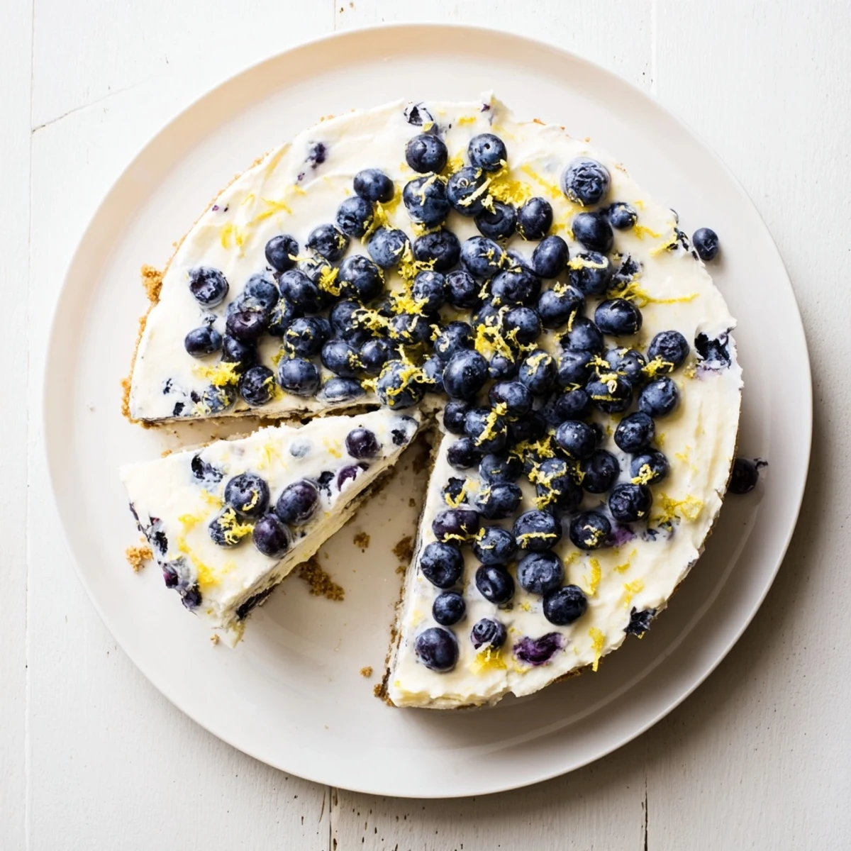 Ready to serve, no bake lemon blueberry cream cake shines with juicy blueberries and whipped cream garnish on a marble board.