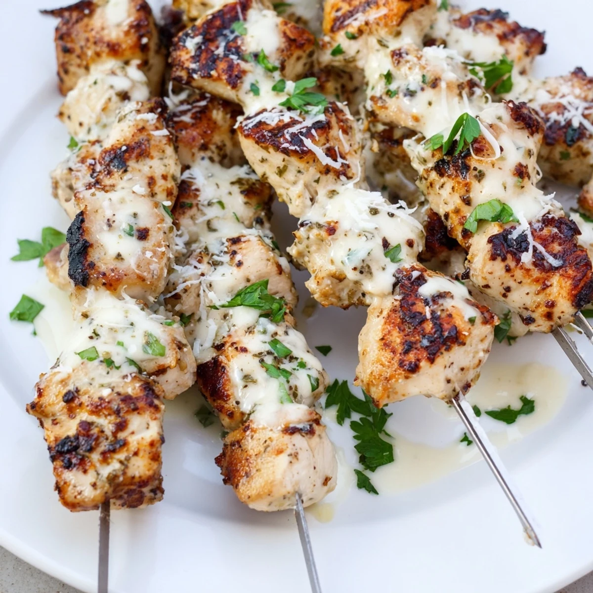 Golden Ranch Garlic Parmesan Chicken Skewers on a grill with melted cheese and herbs.  