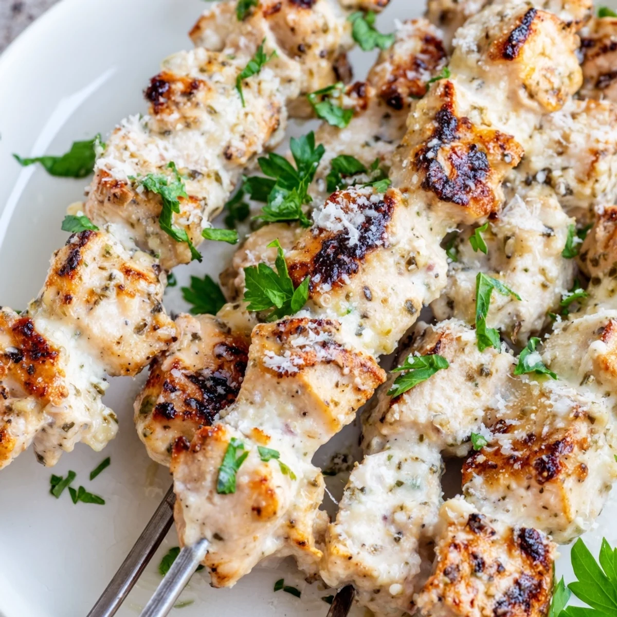Sizzling Ranch Garlic Parmesan Chicken Skewers served on a platter with a creamy dipping sauce.  