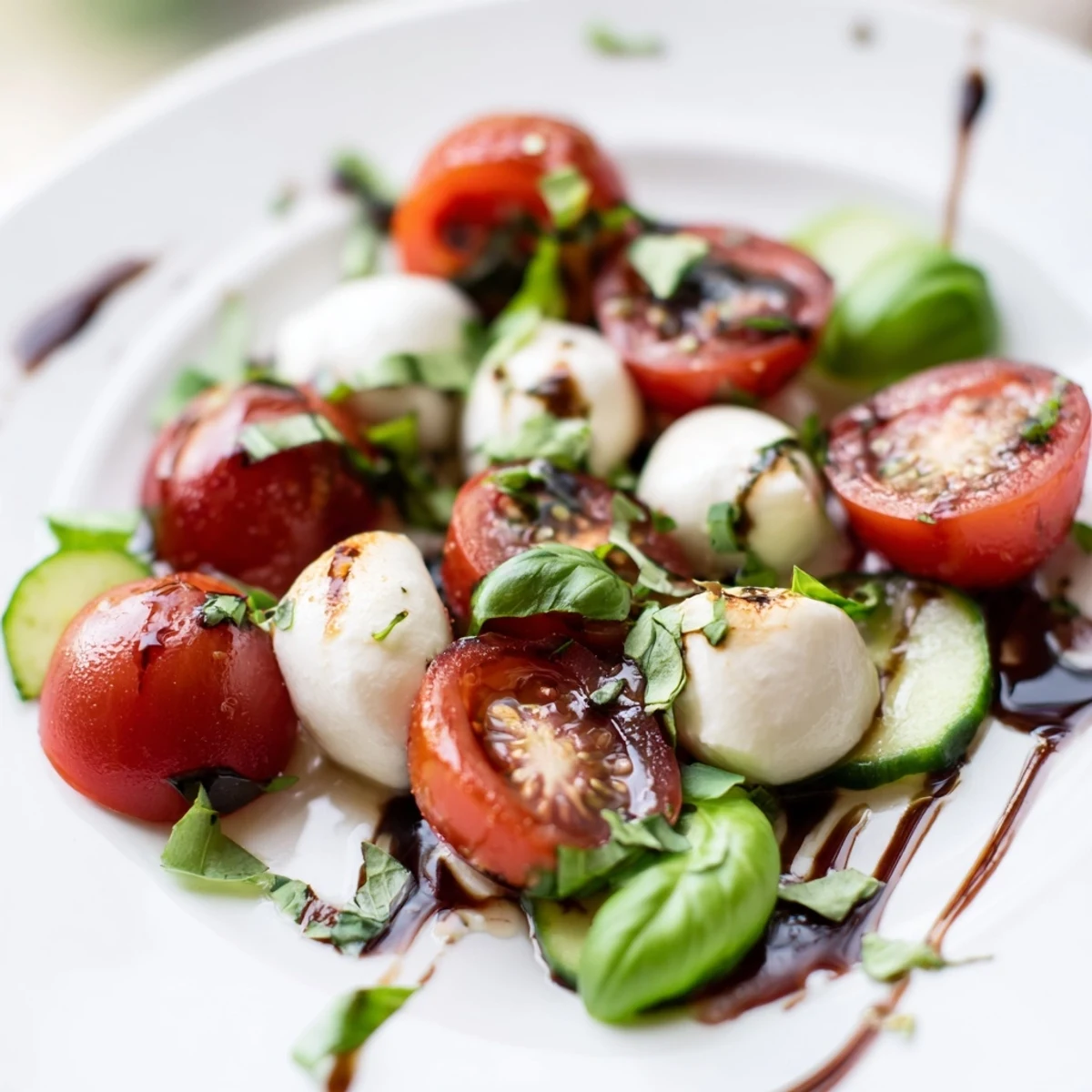 Juicy Cucumber Caprese Salad with mozzarella, tomatoes, and basil in balsamic glaze on a plate.