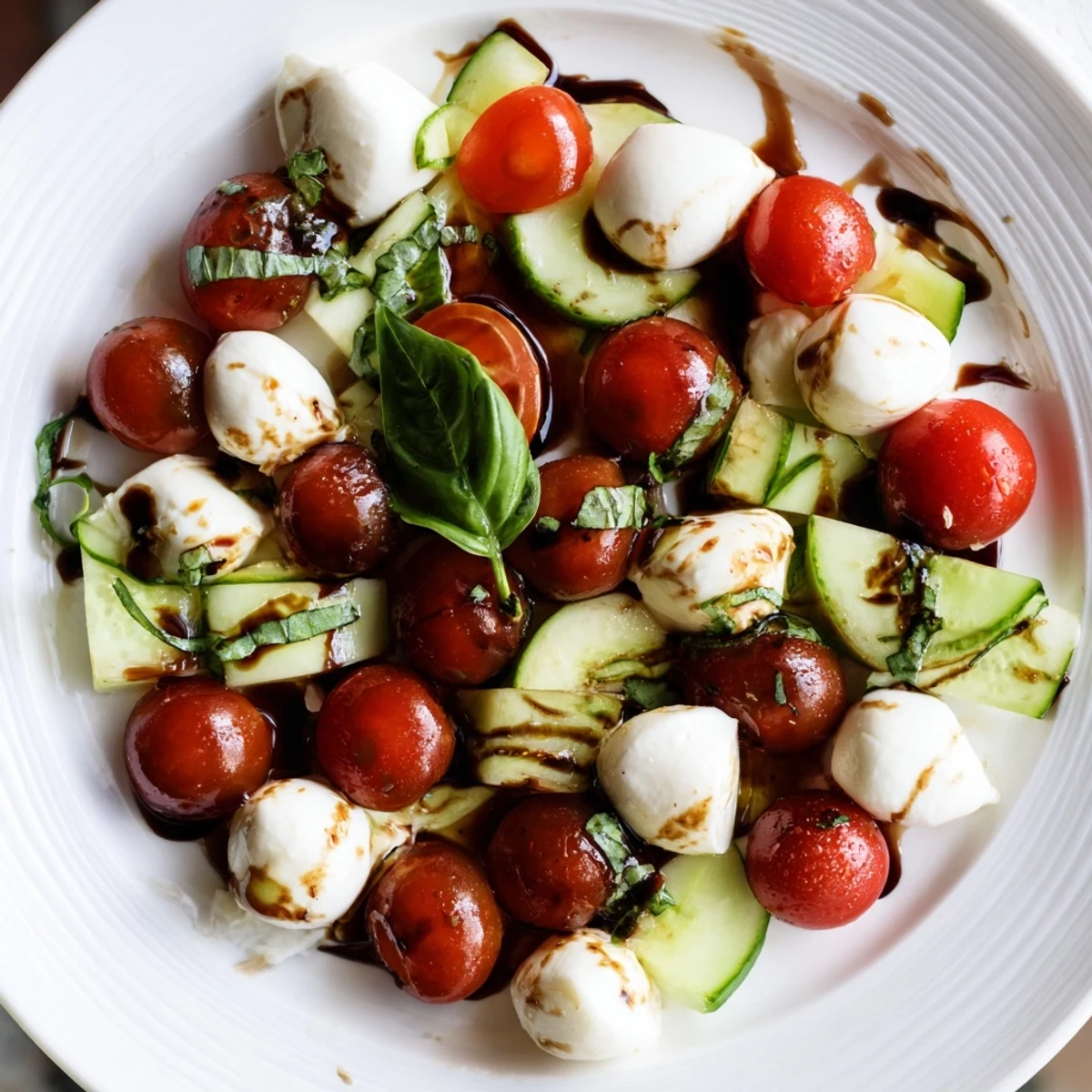 Serve Juicy Cucumber Caprese Salad chilled, garnished with fresh basil and a drizzle of tangy balsamic dressing.