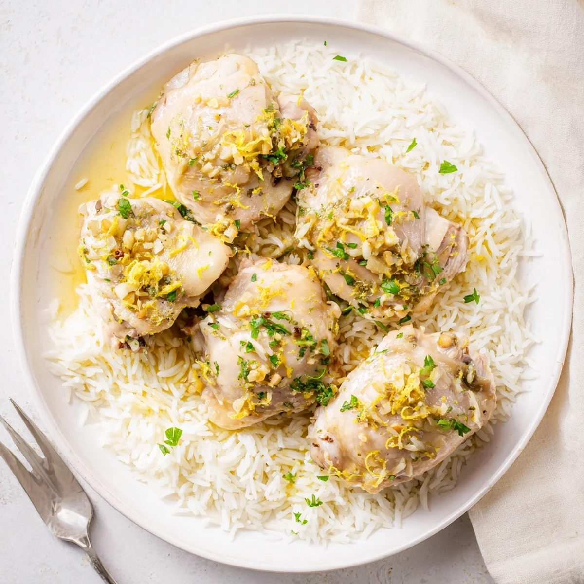 Bright Slow Cooker Lemon Herb Chicken With Fluffy Rice served over fluffy rice with herbs and butter.